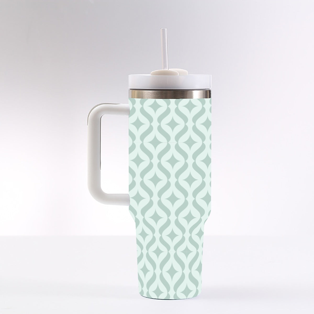 40 oz Tumbler With Handle - Green Tonal Geometric Design, Leak-Proof with Straw & Silicone Lid, Insulated Stainless Steel Cup for Travel & Gym