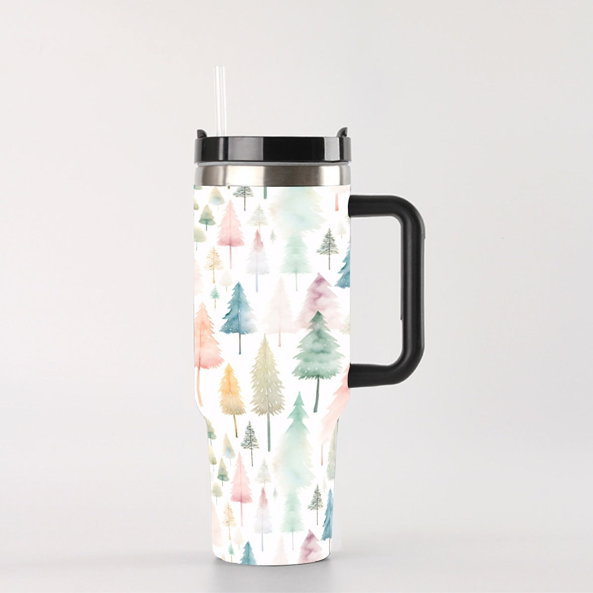 Pastel Christmas Trees 40 oz Tumbler With Handle, Insulated Cup with Straw, Leak-Proof Lid, Reusable Stainless Steel