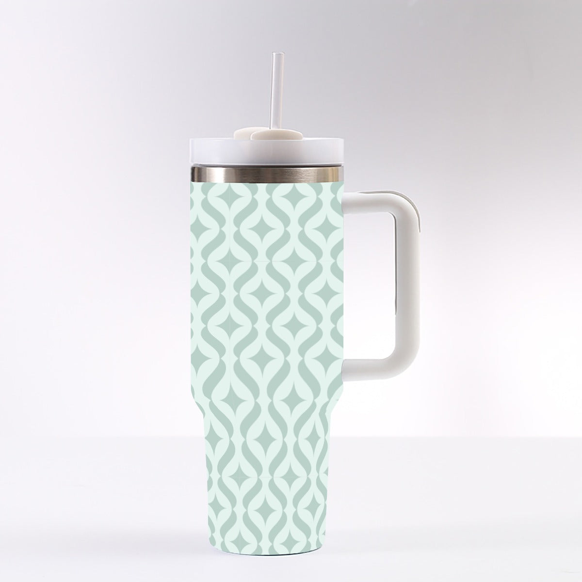 40 oz Tumbler With Handle - Green Tonal Geometric Design, Leak-Proof with Straw & Silicone Lid, Insulated Stainless Steel Cup for Travel & Gym