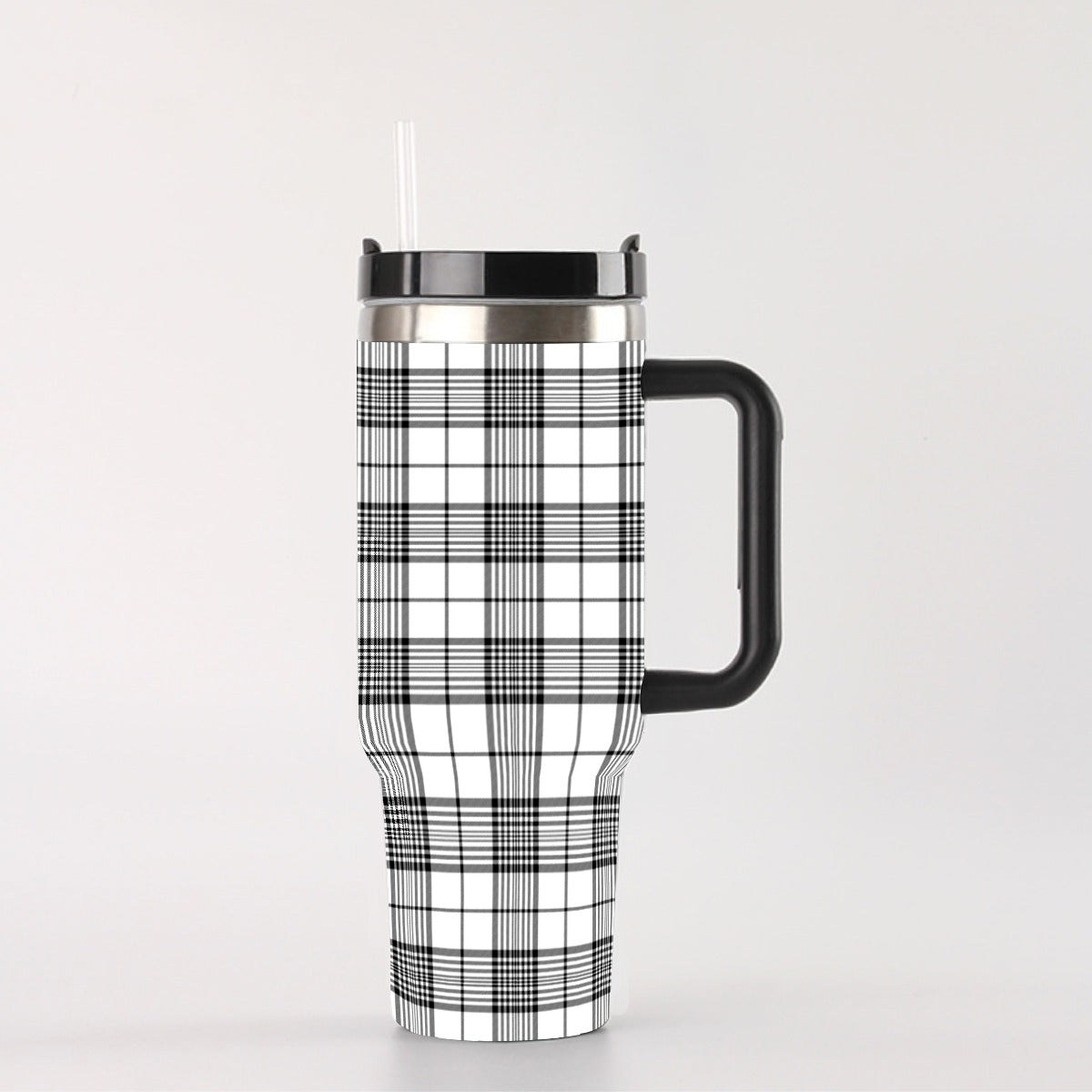 40 oz Tumbler With Handle - Black and White Tartan Plaid, Leak-Proof Insulated Cup with Straw, 304 Stainless Steel