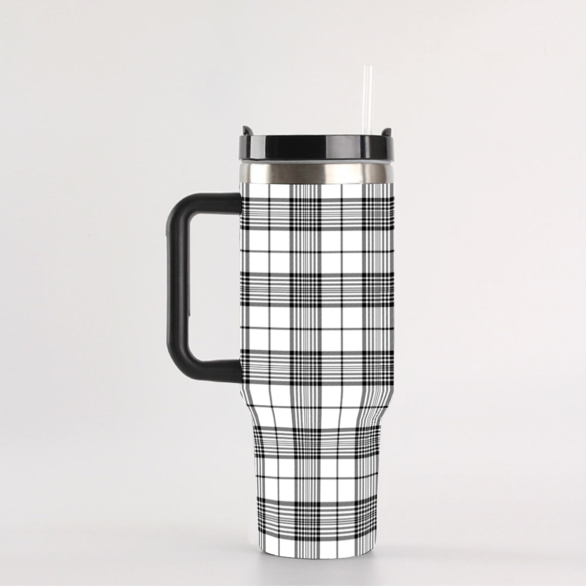 40 oz Tumbler With Handle - Black and White Tartan Plaid, Leak-Proof Insulated Cup with Straw, 304 Stainless Steel