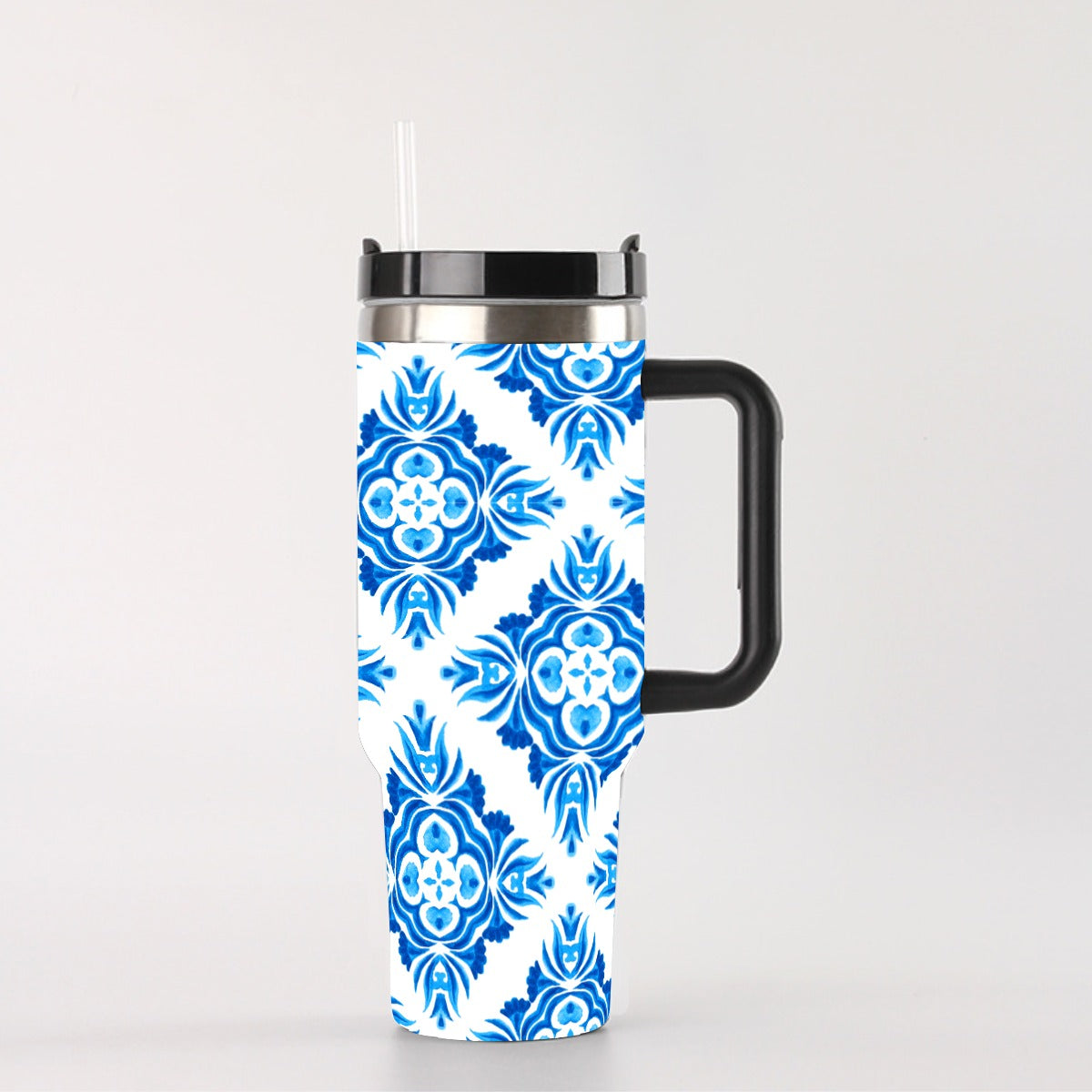 Bright Blue Floral 40 oz Tumbler With Handle