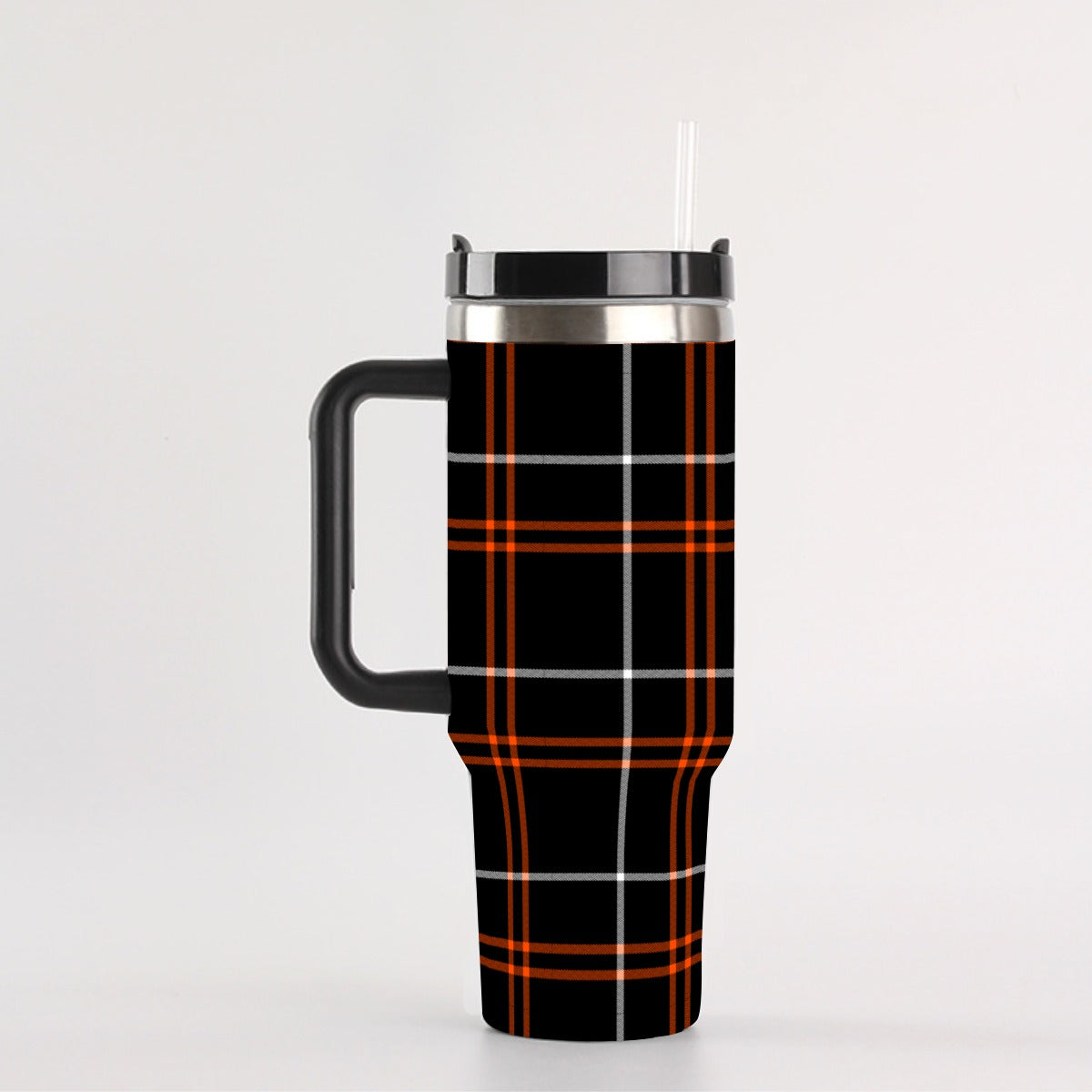 40 oz Tumbler With Handle - 304 Stainless Steel, Leak-Proof, Reusable Insulated Cup with Straw and Silicone Lid, Black Orange Tartan Plaid Design
