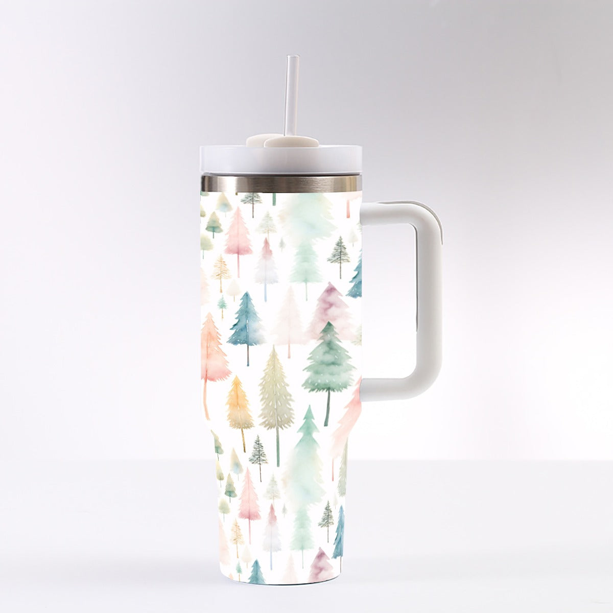 Pastel Christmas Trees 40 oz Tumbler With Handle, Insulated Cup with Straw, Leak-Proof Lid, Reusable Stainless Steel