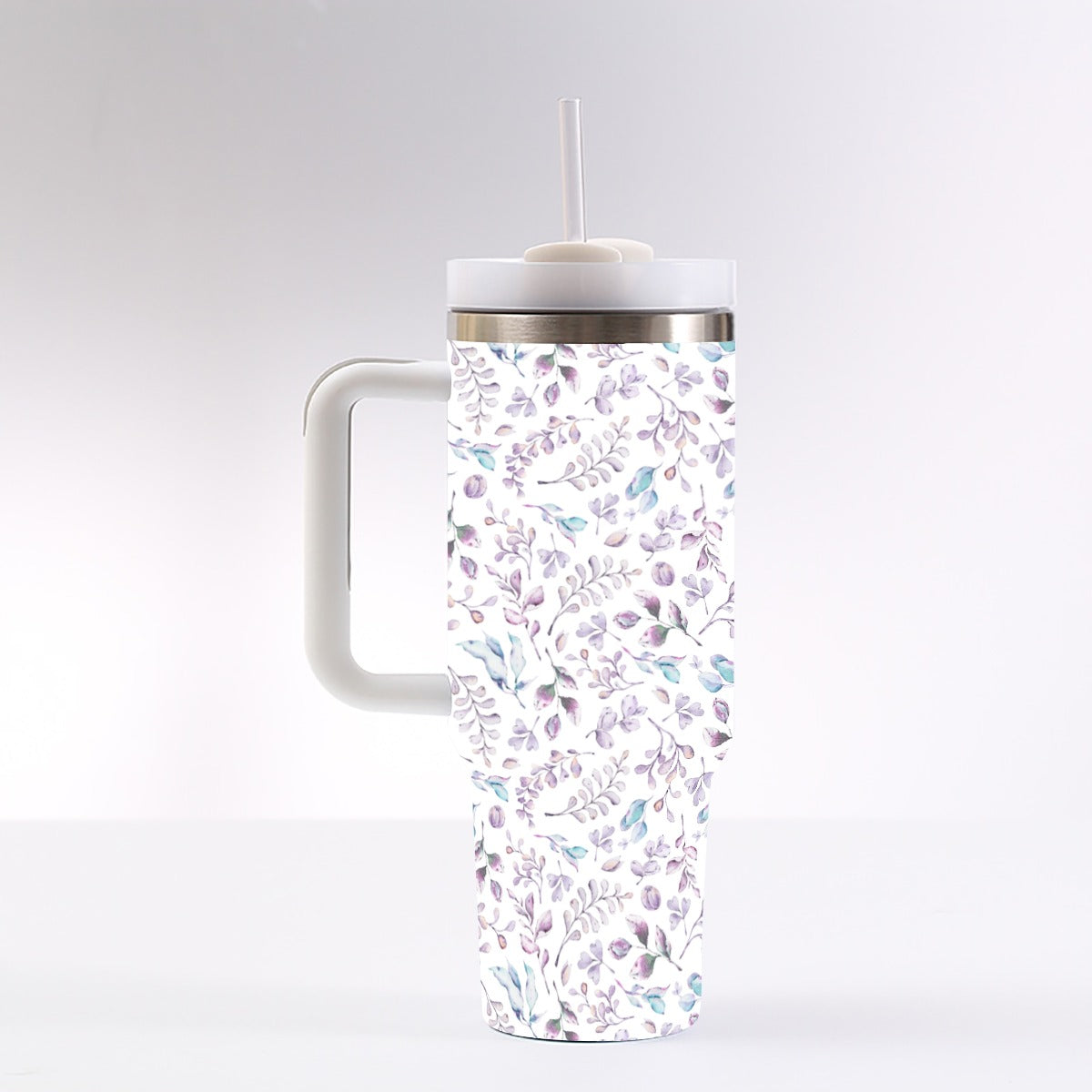 40 oz Tumbler With Handle - Elegant Lavender Floral Insulated Cup with Straw, Leak-Proof Lid, Reusable Stainless Steel Drinkware for Travel, Gym & Daily Use