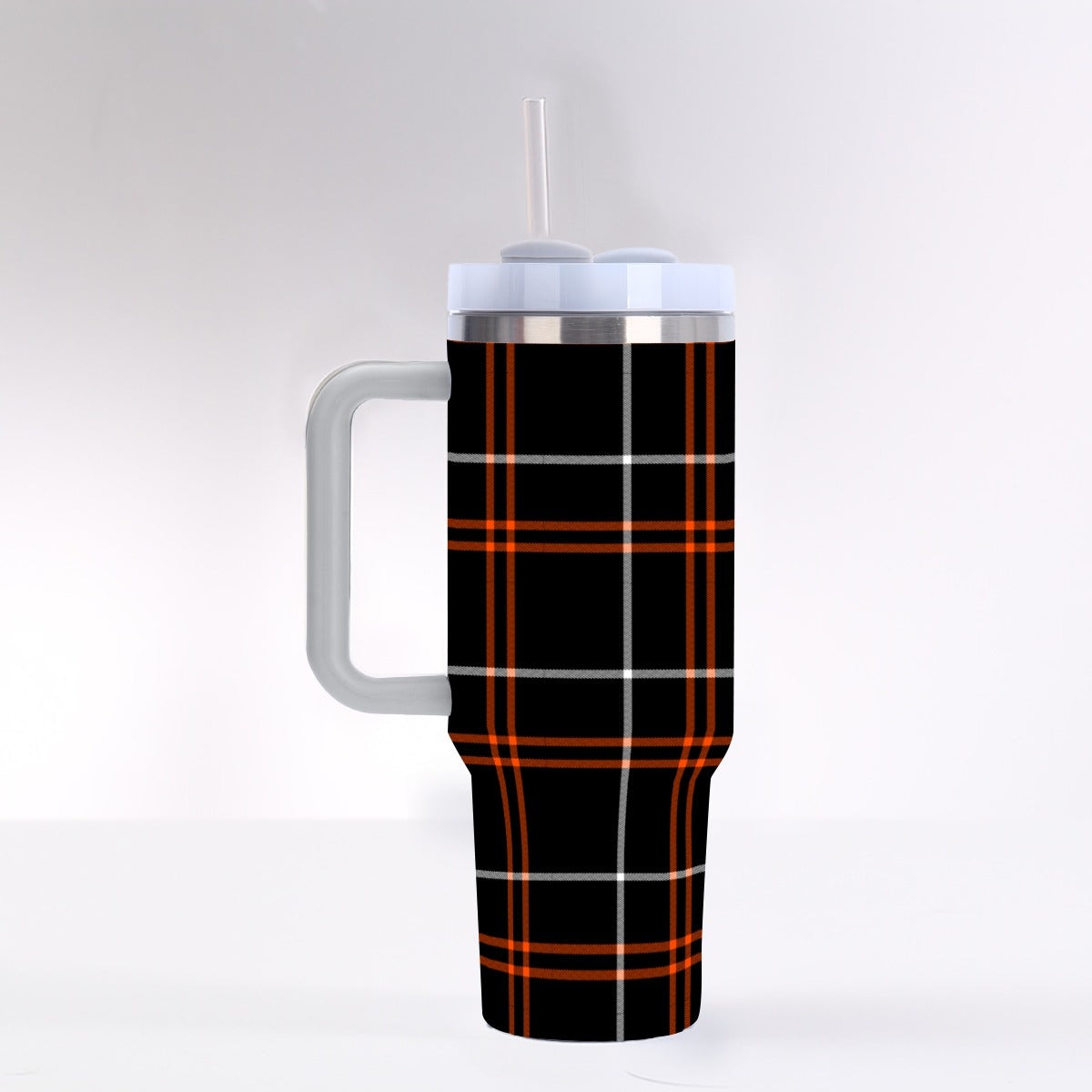 40 oz Tumbler With Handle - 304 Stainless Steel, Leak-Proof, Reusable Insulated Cup with Straw and Silicone Lid, Black Orange Tartan Plaid Design