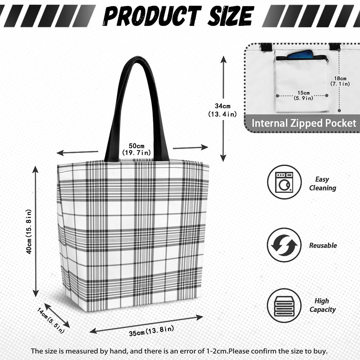 Black/White Tartan Plaid Canvas shopping bag