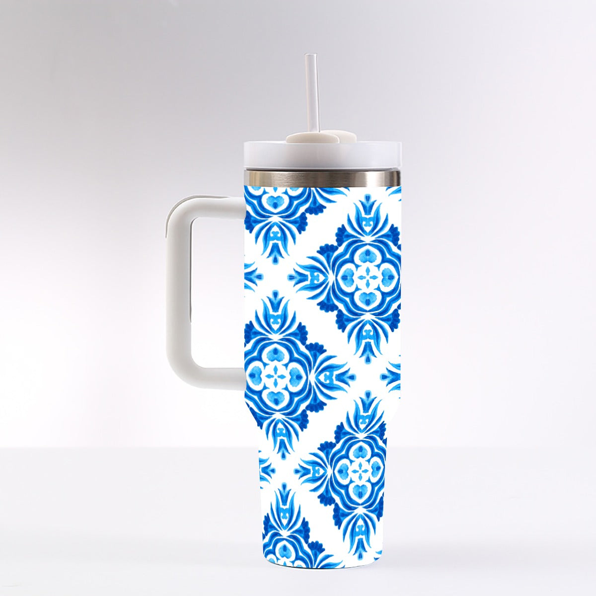 Bright Blue Floral 40 oz Tumbler With Handle