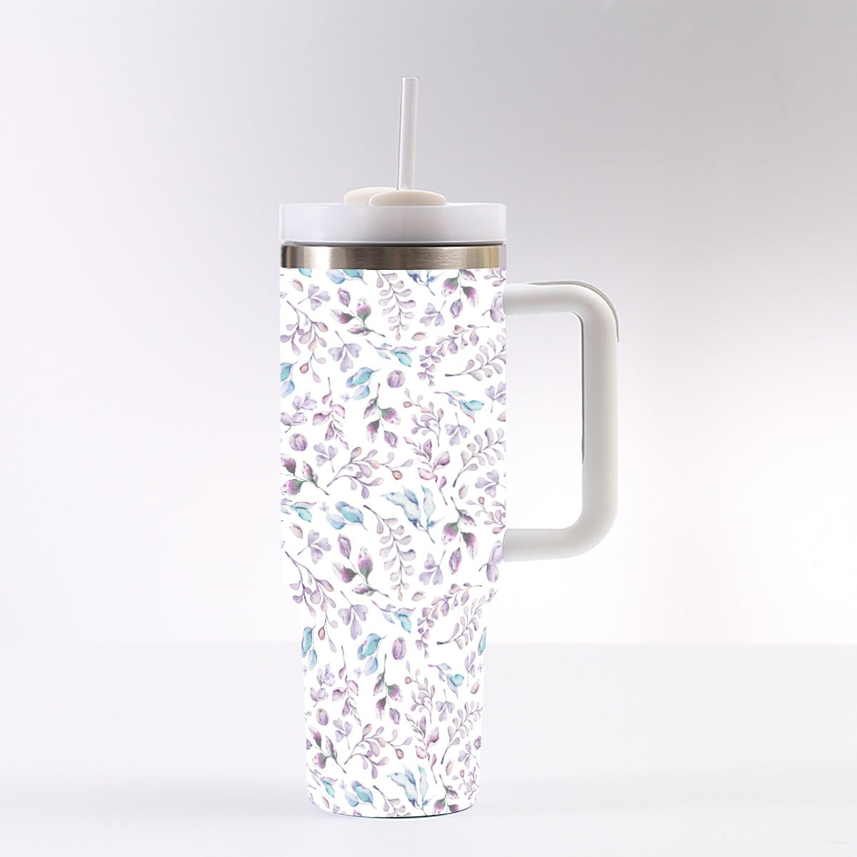 40 oz Tumbler With Handle - Elegant Lavender Floral Insulated Cup with Straw, Leak-Proof Lid, Reusable Stainless Steel Drinkware for Travel, Gym & Daily Use