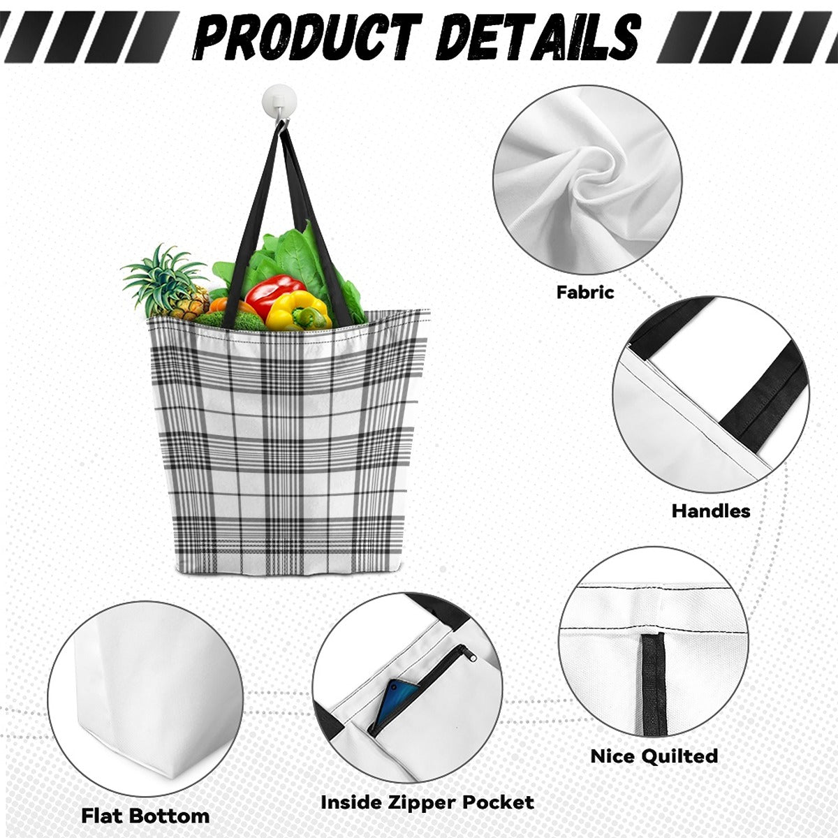 Black/White Tartan Plaid Canvas shopping bag