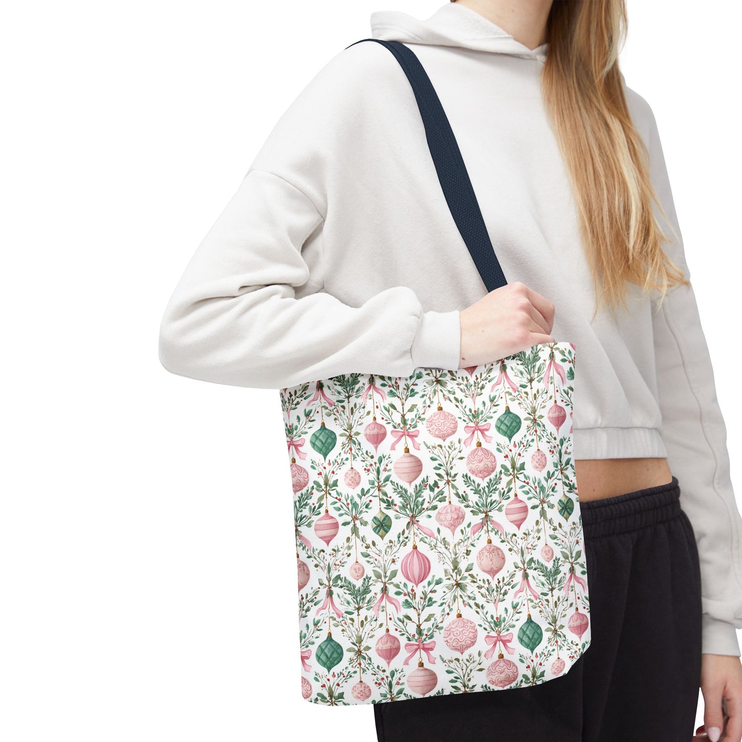 Festive Holiday Tote Bag- Pink Green Ornaments