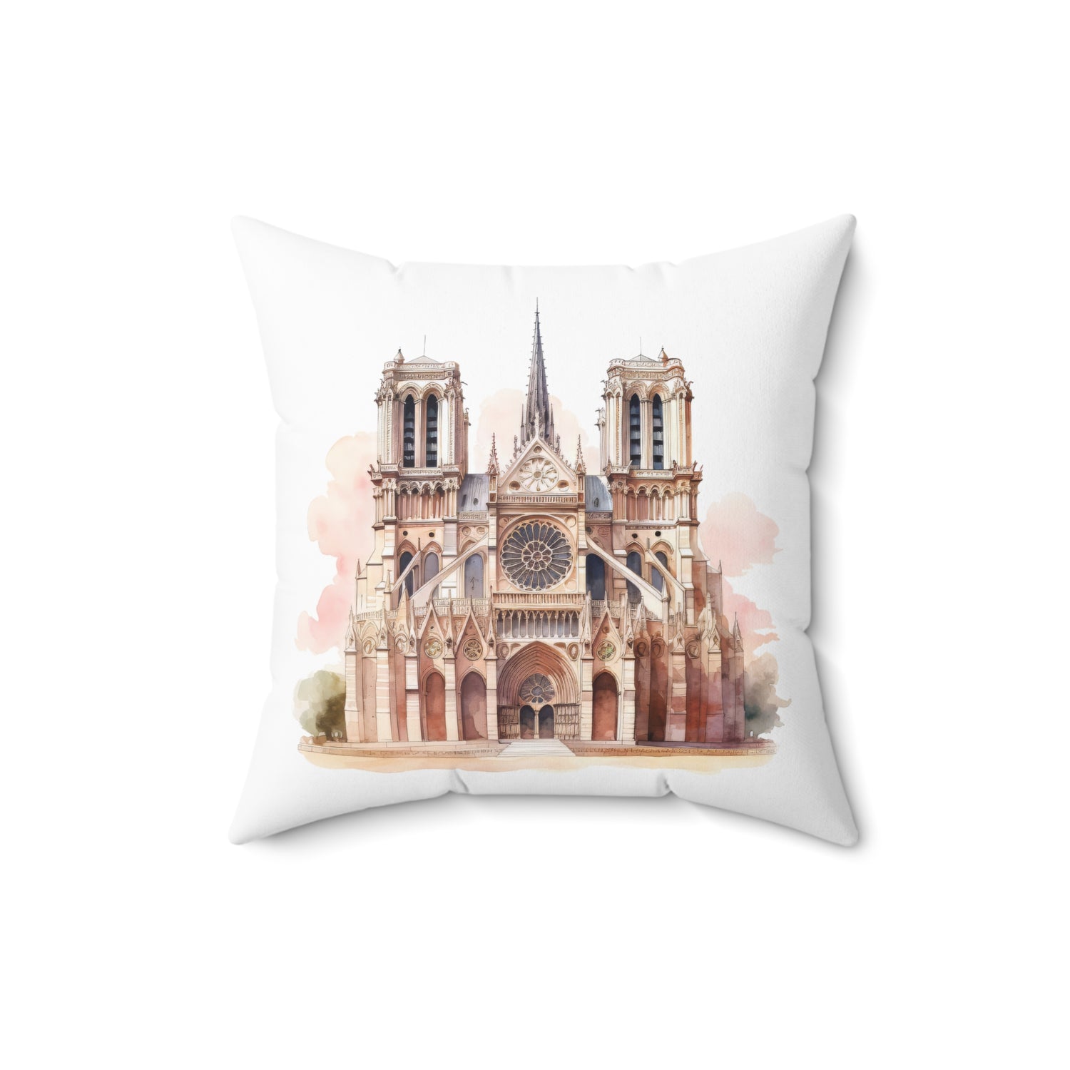 Spun Polyester Square Pillow with Removable Cover Watercolor Pink Paris Scene Luggage