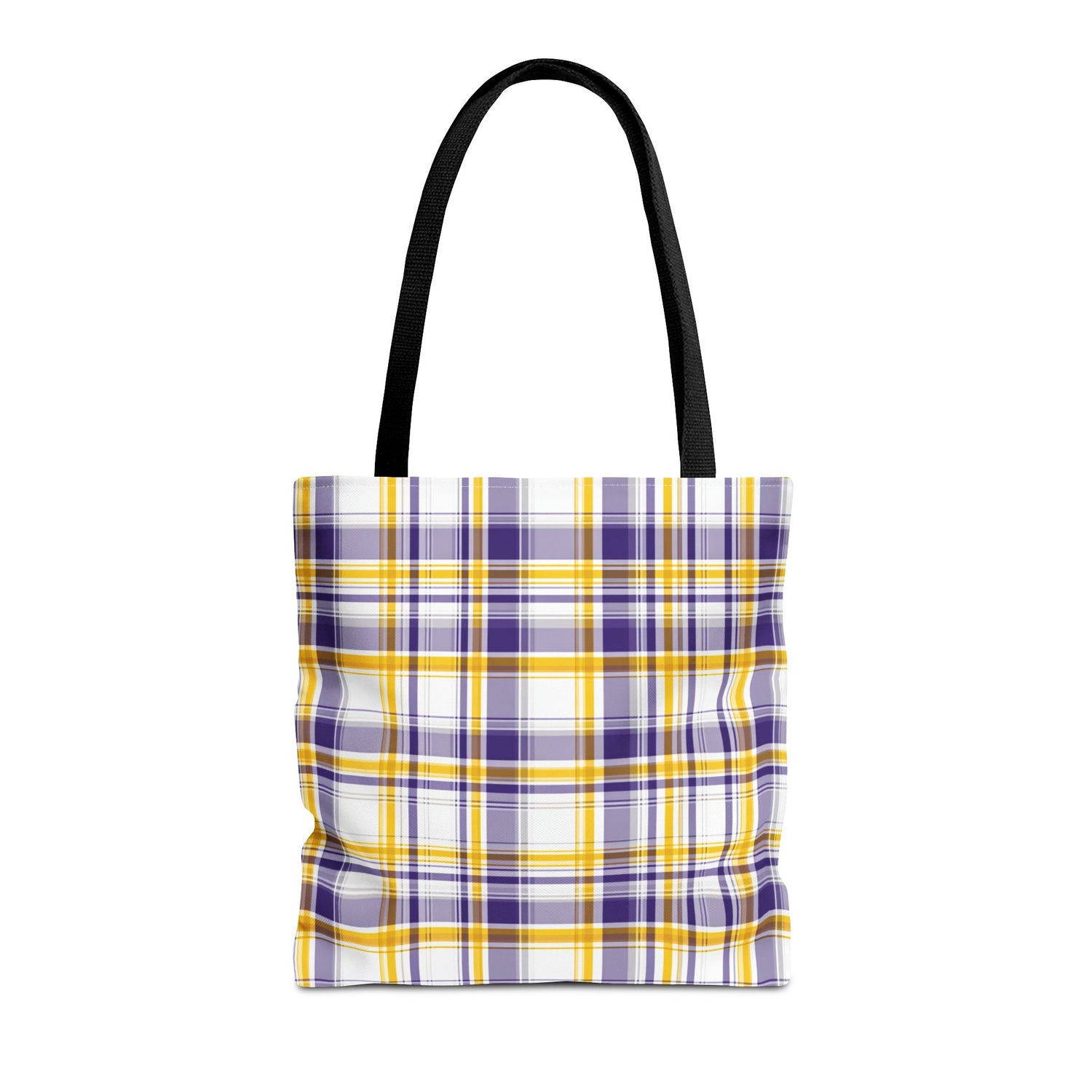 Plaid tote bag with purple, yellow, and white pattern on a white background
