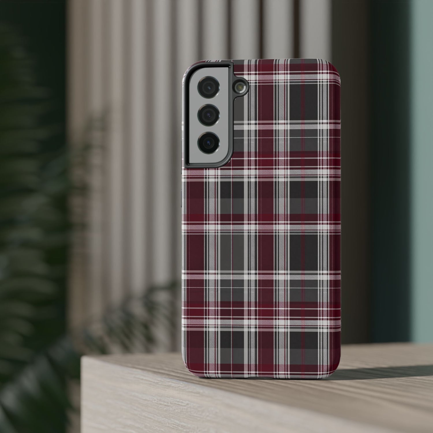 Stylish Plaid Impact-Resistant Phone Cases- Maroon Grey Plaid