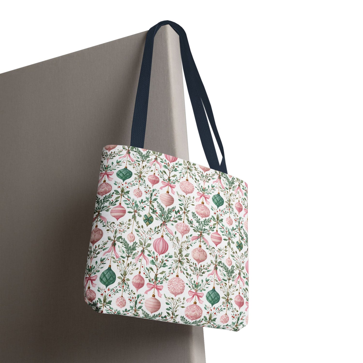 Festive Holiday Tote Bag- Pink Green Ornaments