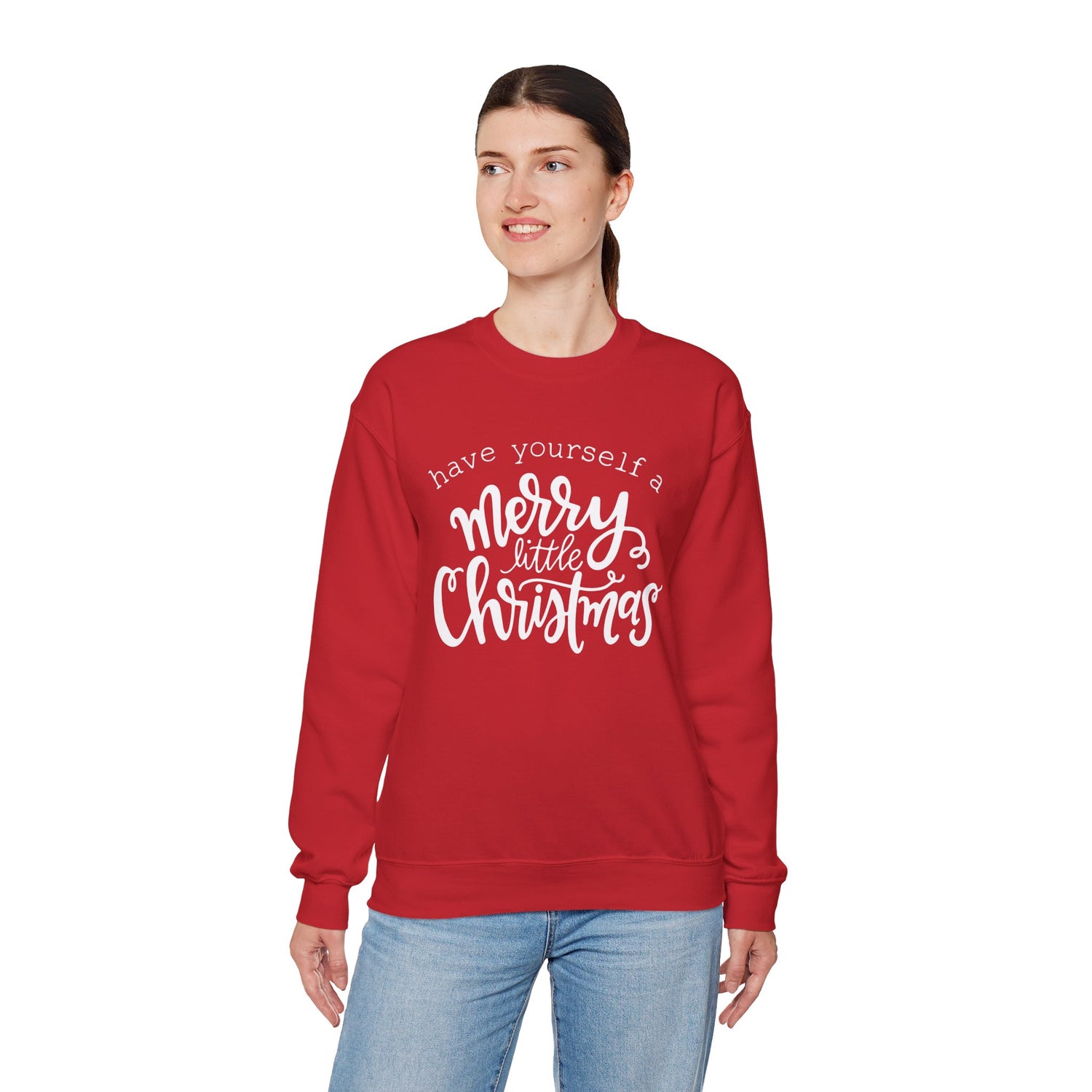 Person wearing a red sweatshirt with Christmas text on a white background