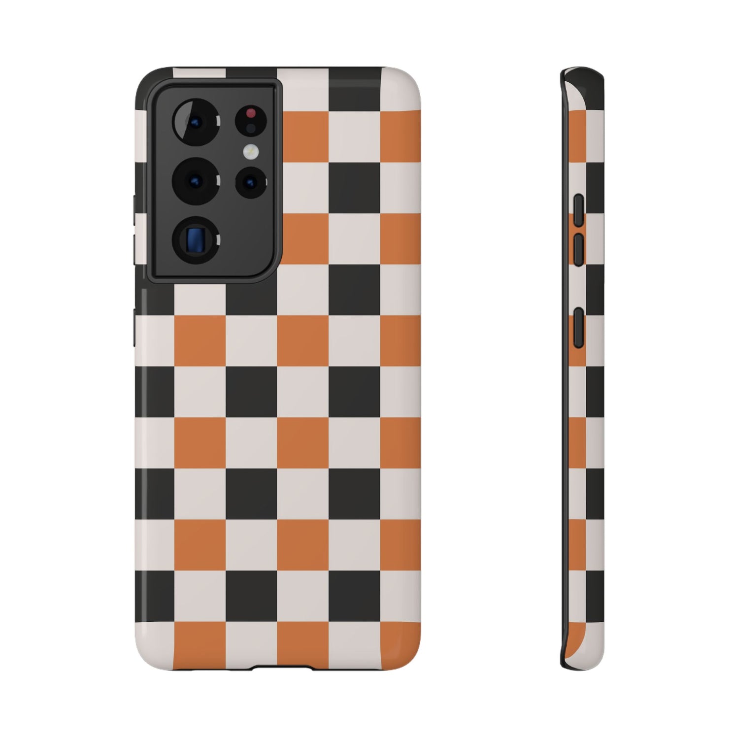 Phone case with a checkered pattern of black, white, and orange on a white background