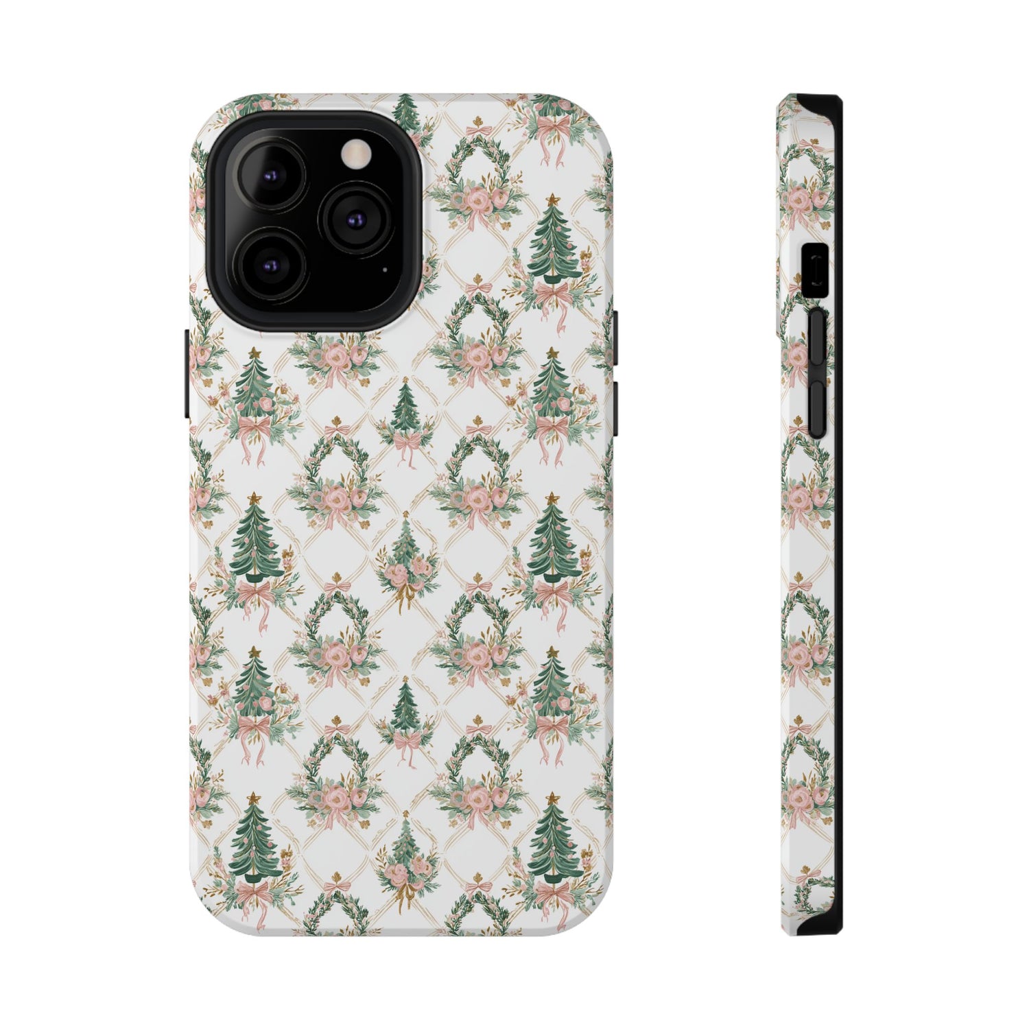 Phone case with Christmas tree and wreath pattern on a white background