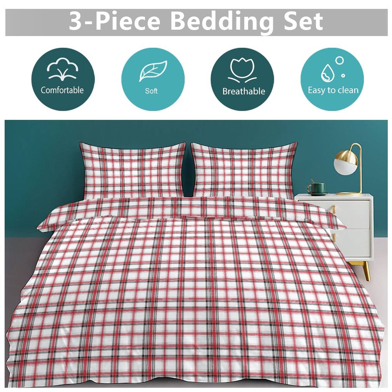 Red and white checkered bedding set with comfort, softness, breathability, and ease of cleaning icons above it.