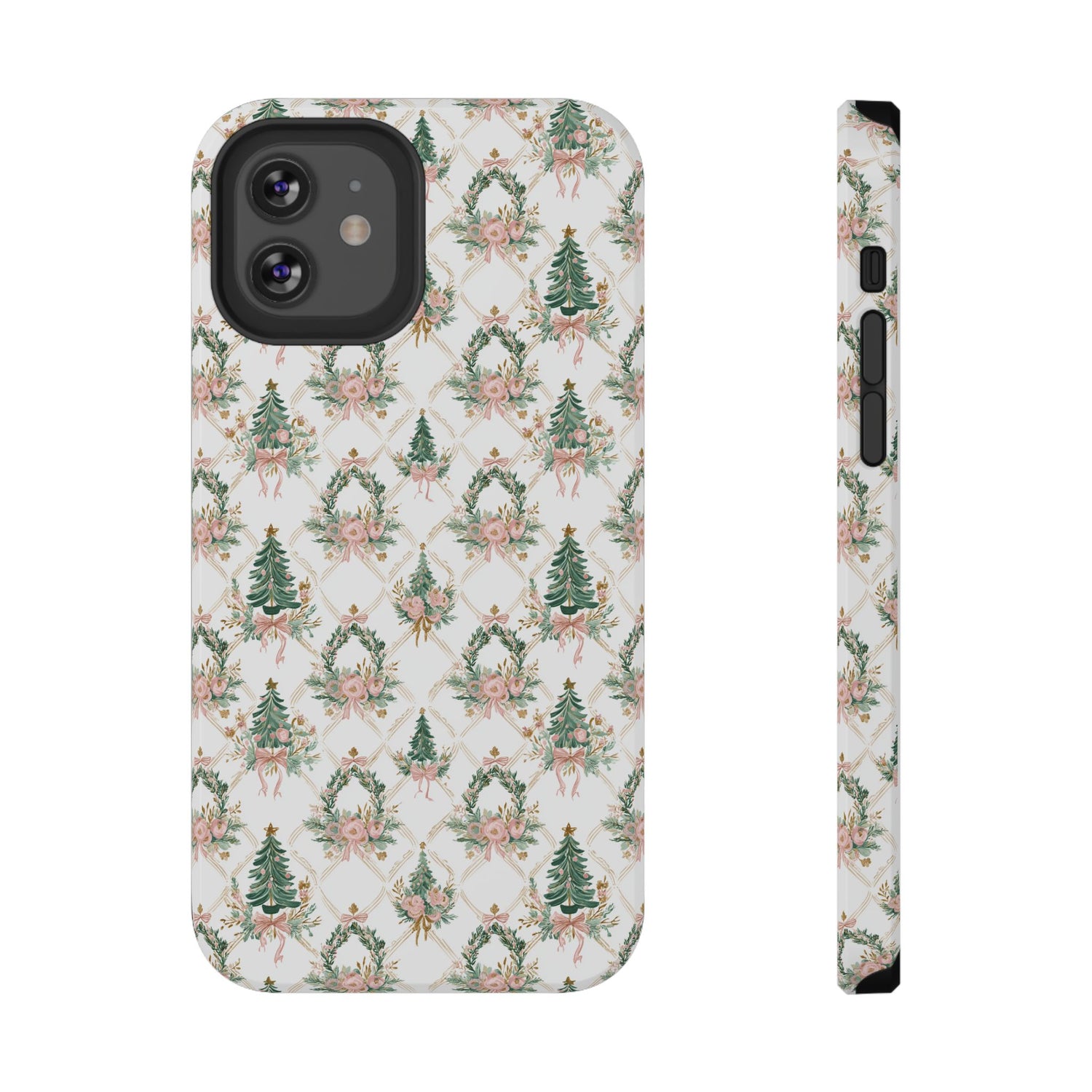 Phone case with Christmas tree and floral pattern on a white background