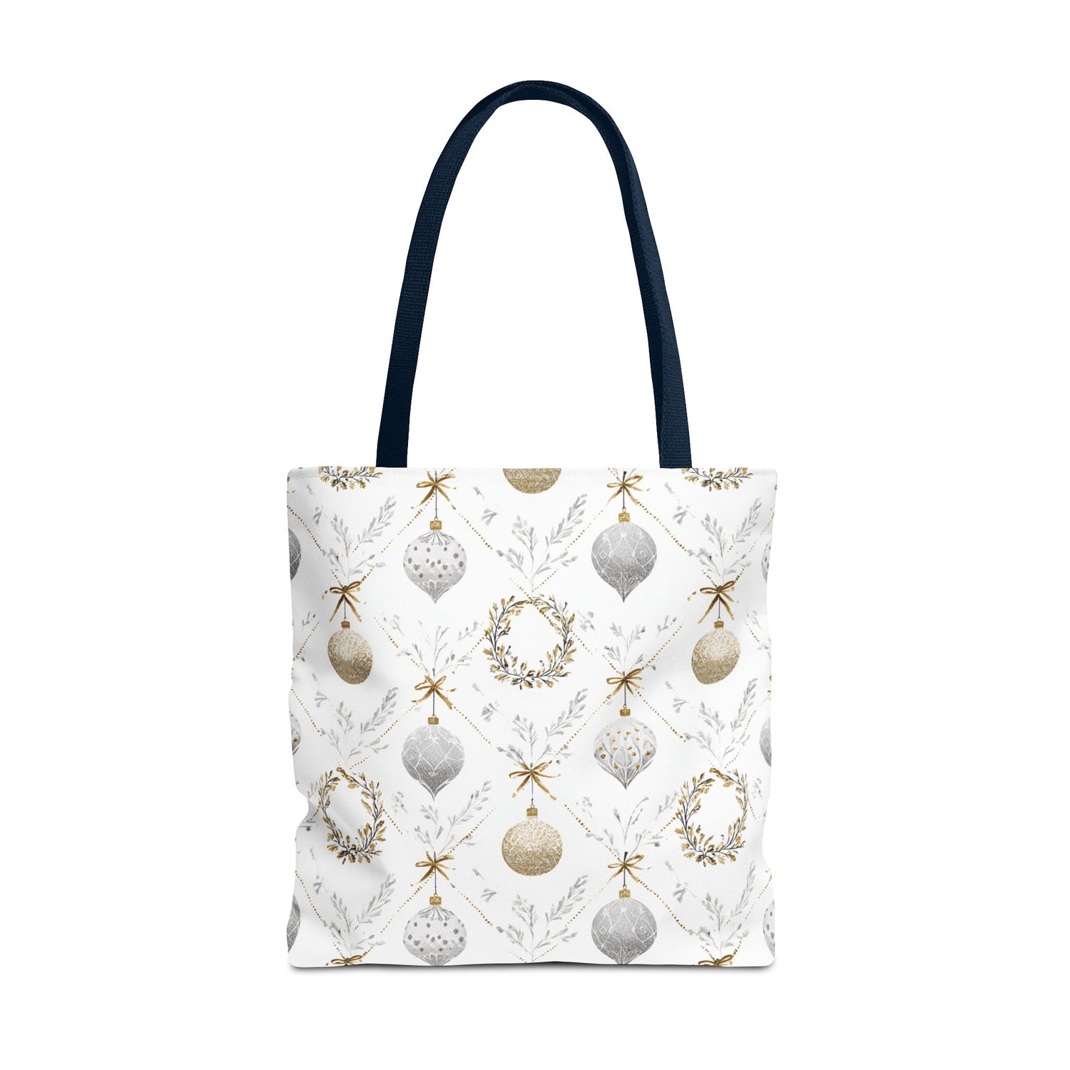 Tote bag with Christmas ornament pattern on a white background