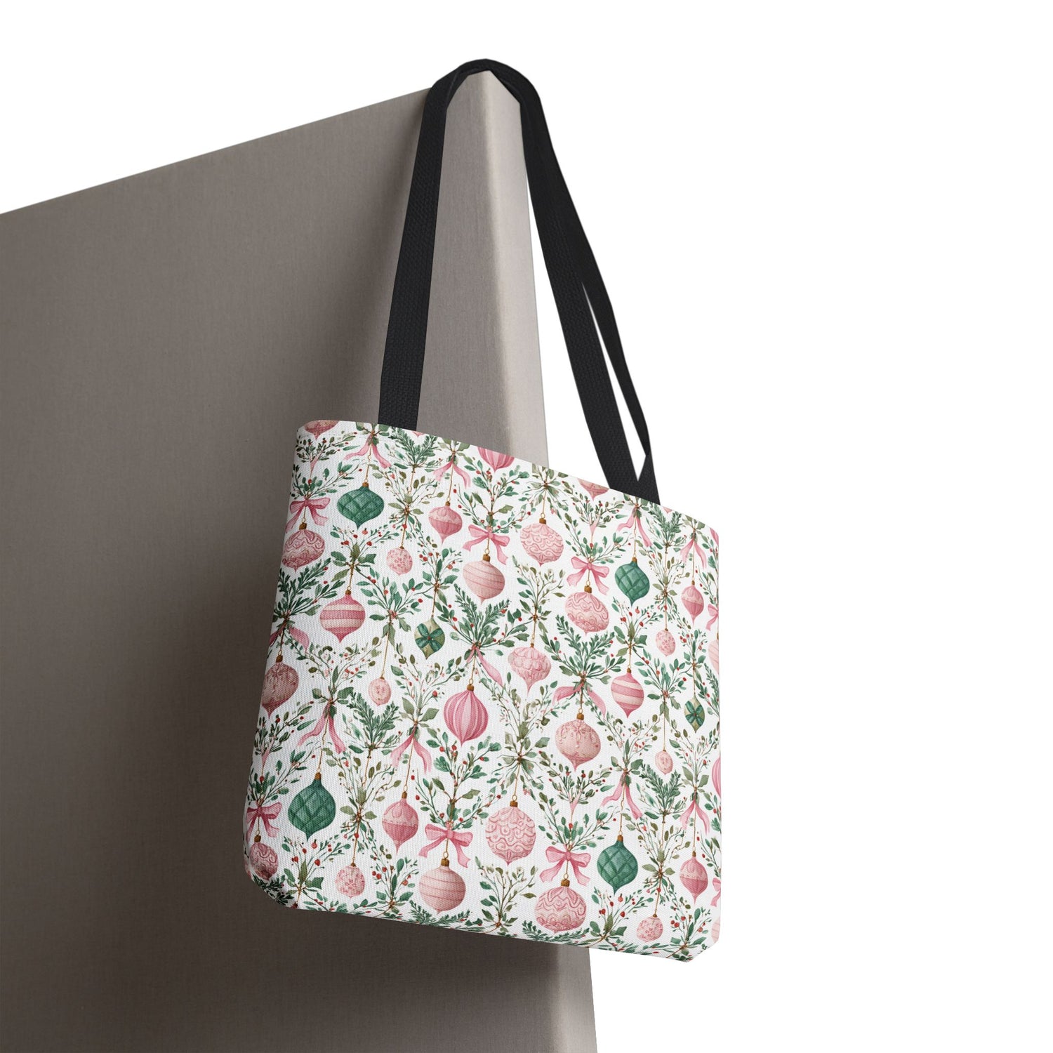 Tote bag with Christmas-themed pattern on a plain background