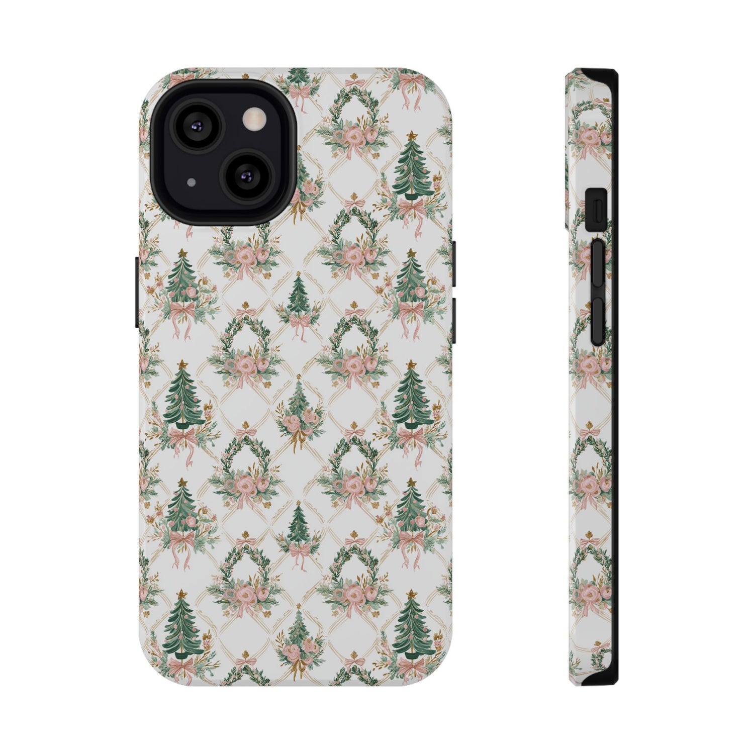 Phone case with Christmas tree and floral pattern on a white background