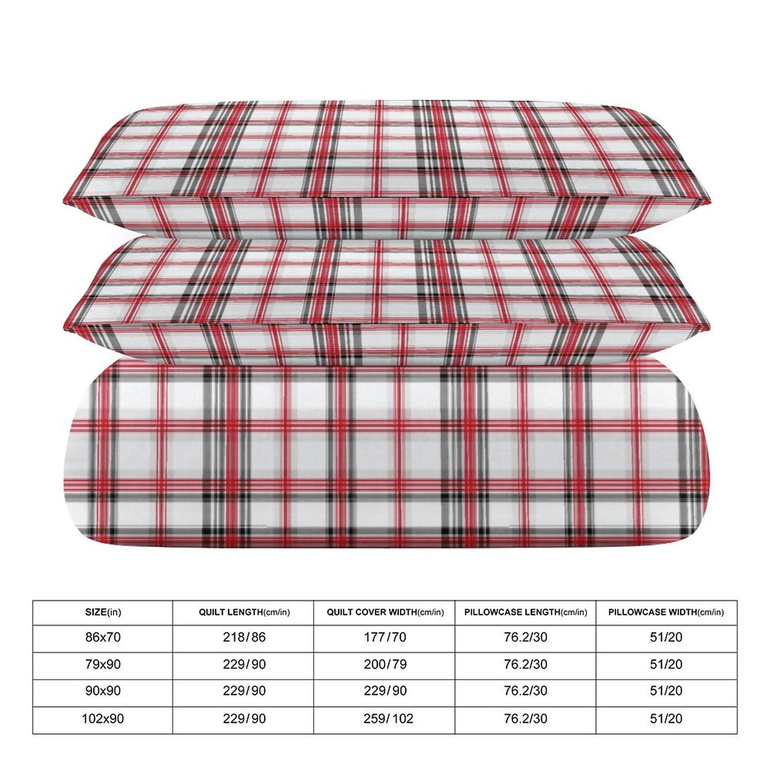 Red and white plaid quilt set with size chart on a white background