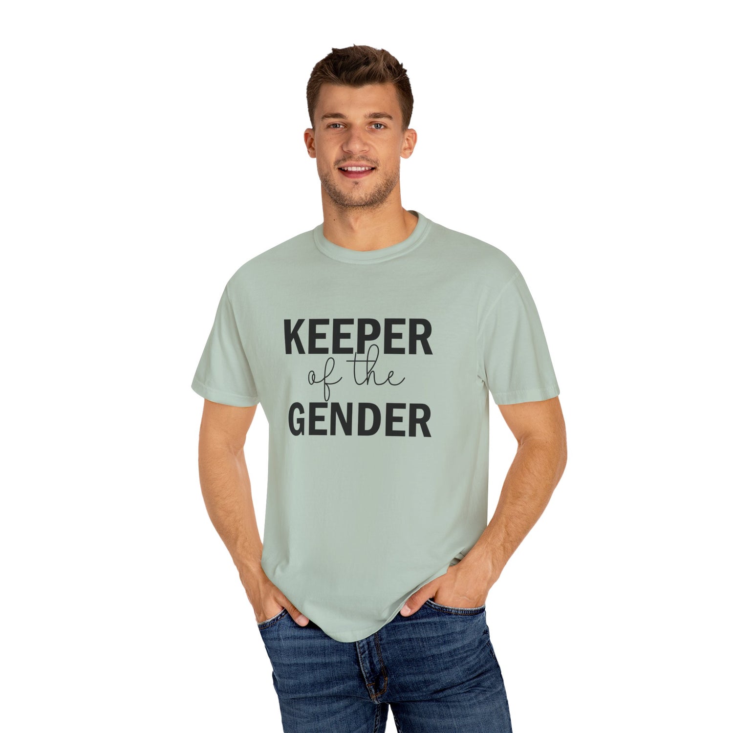 Unisex Garment-Dyed T-Shirt with 'Keeper of the Gender' Print | Funny New Baby Shirt, Casual Wear, Gender Reveal
