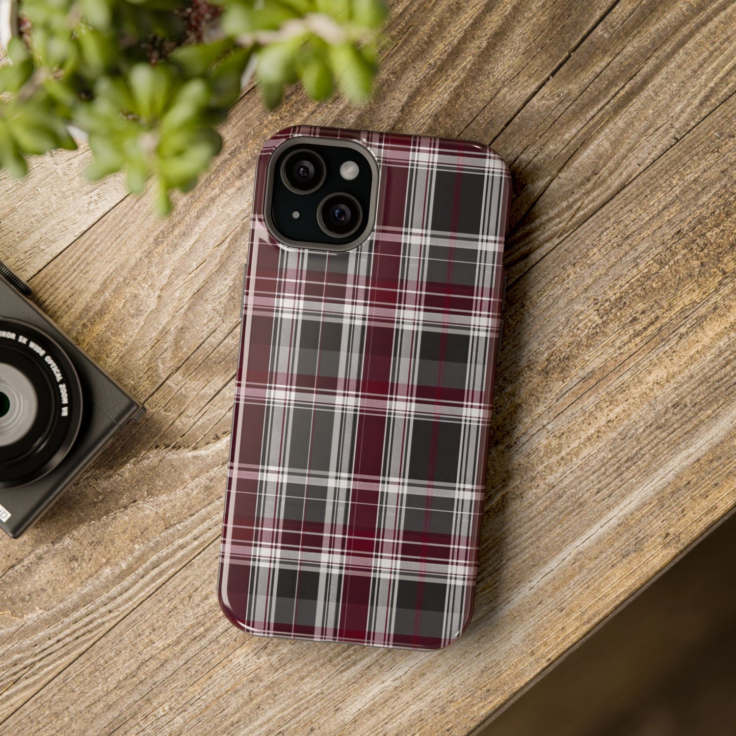 Stylish Plaid Impact-Resistant Phone Cases- Maroon Grey Plaid
