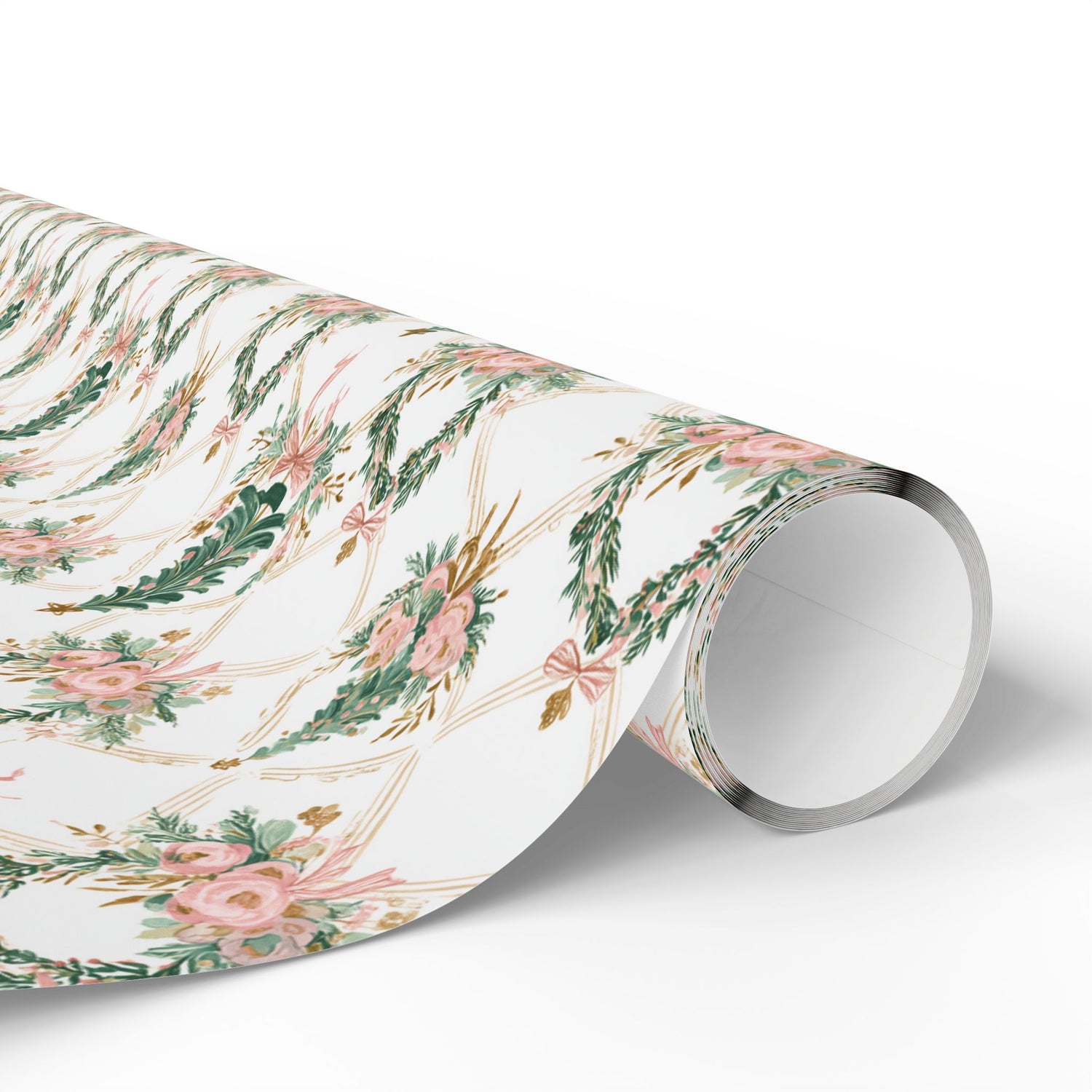 Roll of floral-patterned paper on a white background