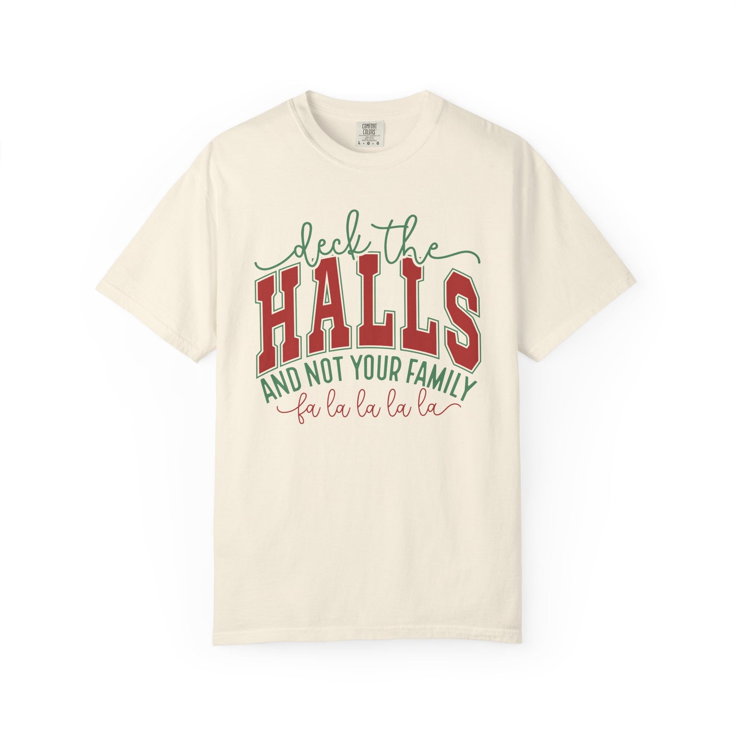 Beige t-shirt with Christmas-themed text design on a white background