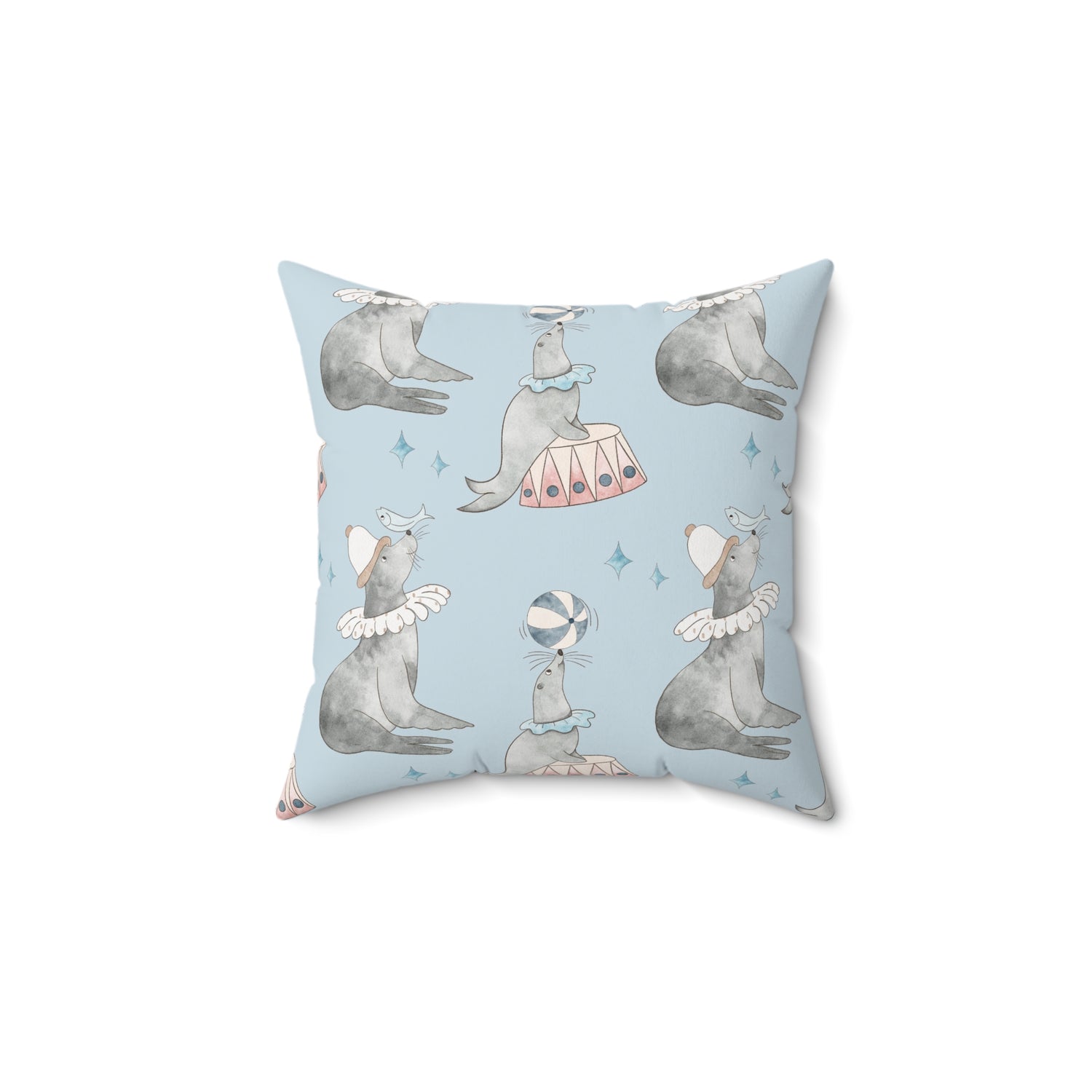Spun Polyester Square Pillow Watercolor Circus Seals Blue and White