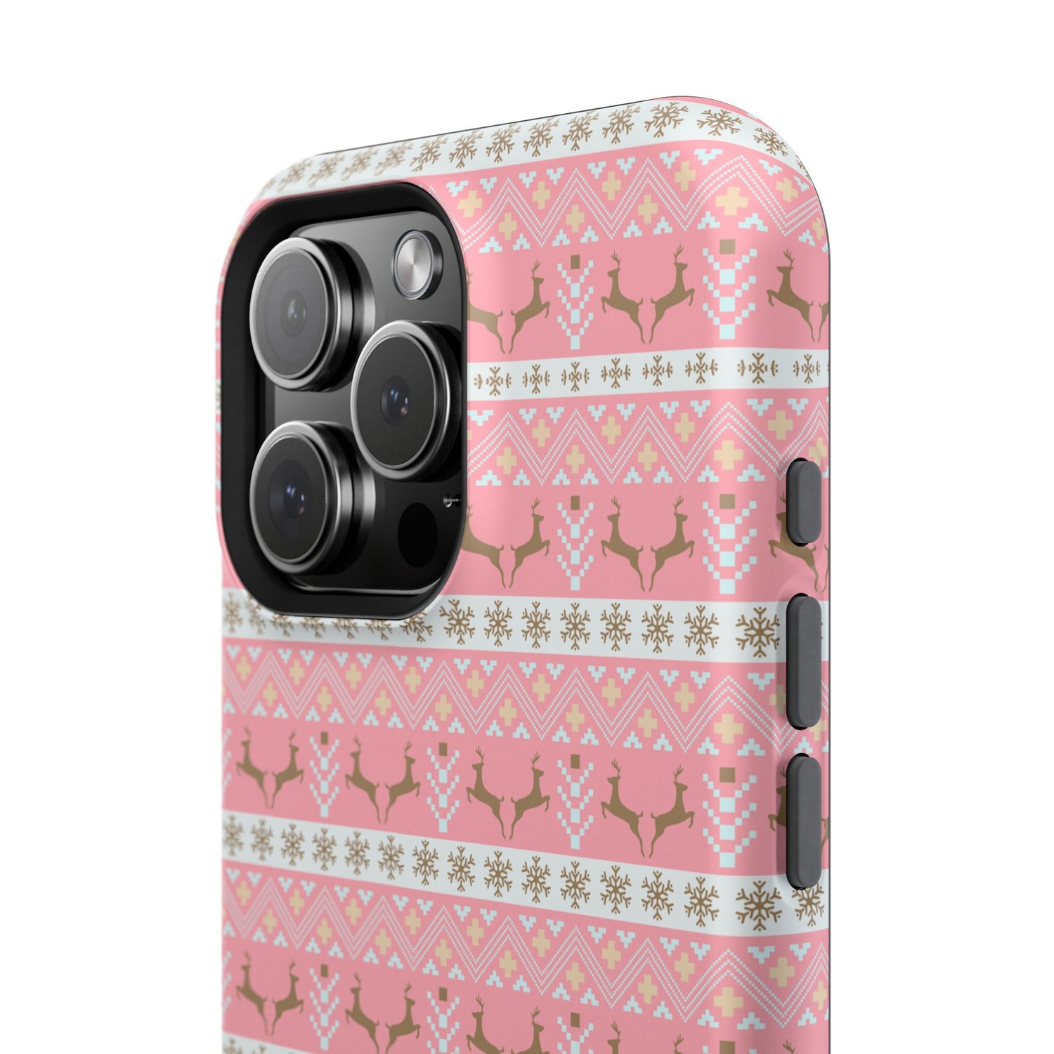 A pink Christmas-themed phone case with a pattern of deer antlers and stars, featuring a black removable TPU inner layer.