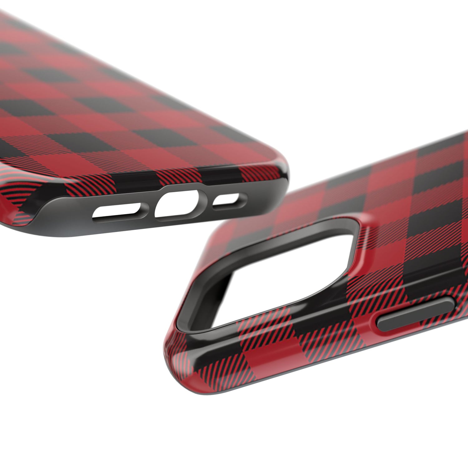 A red and black checkered phone case with a buffalo plaid pattern, shown from the front and back view on a white background.