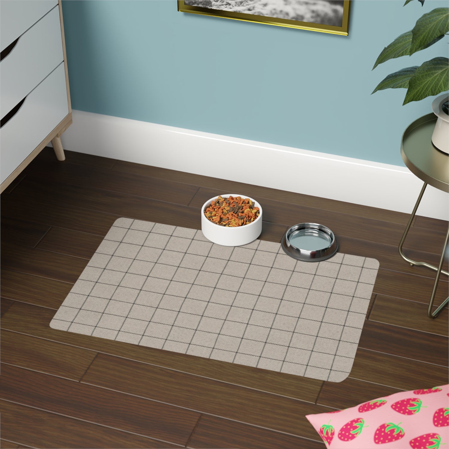 Pet Food Mat- Black and Tan Grid Design