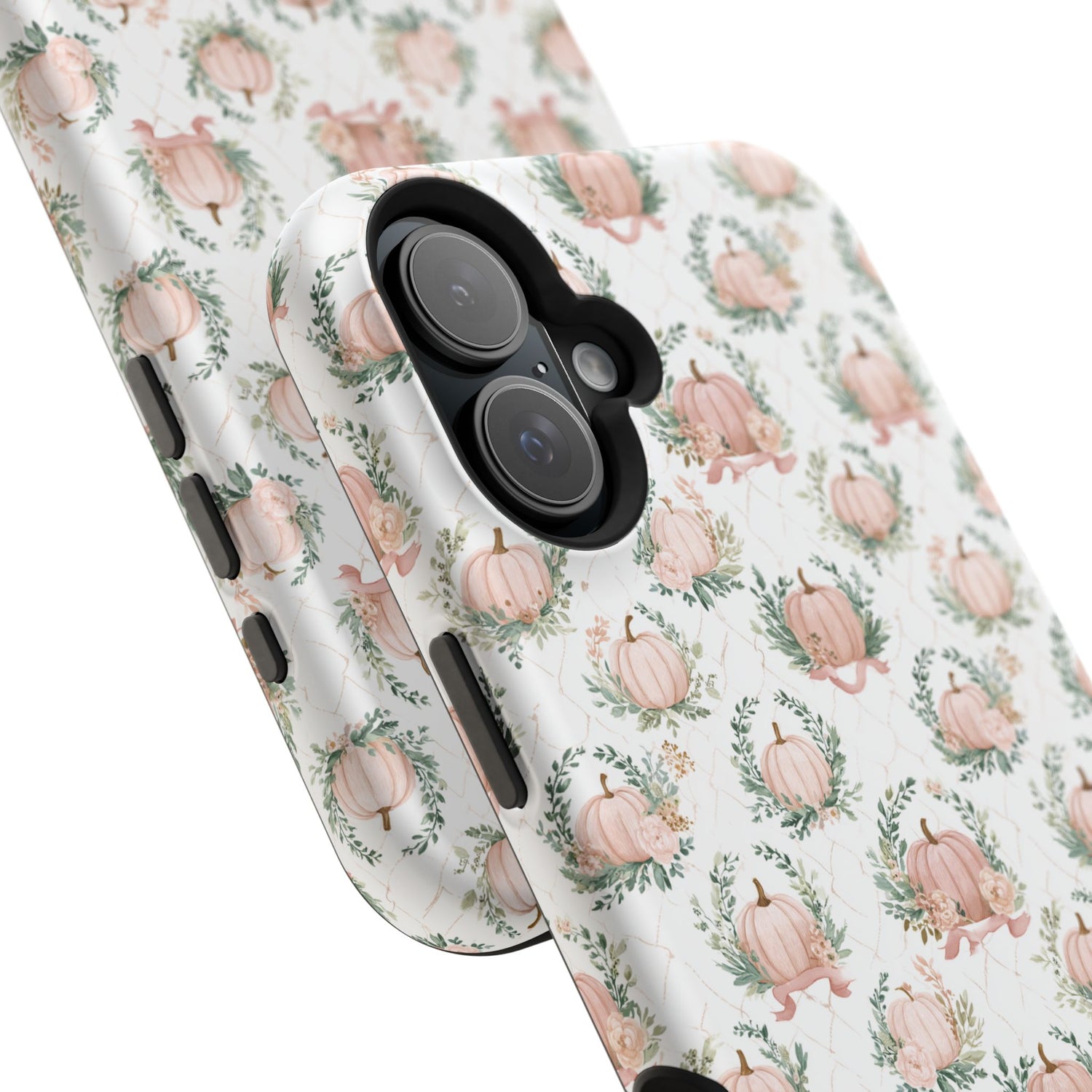 Phone case with pumpkin and leaf pattern on a white background