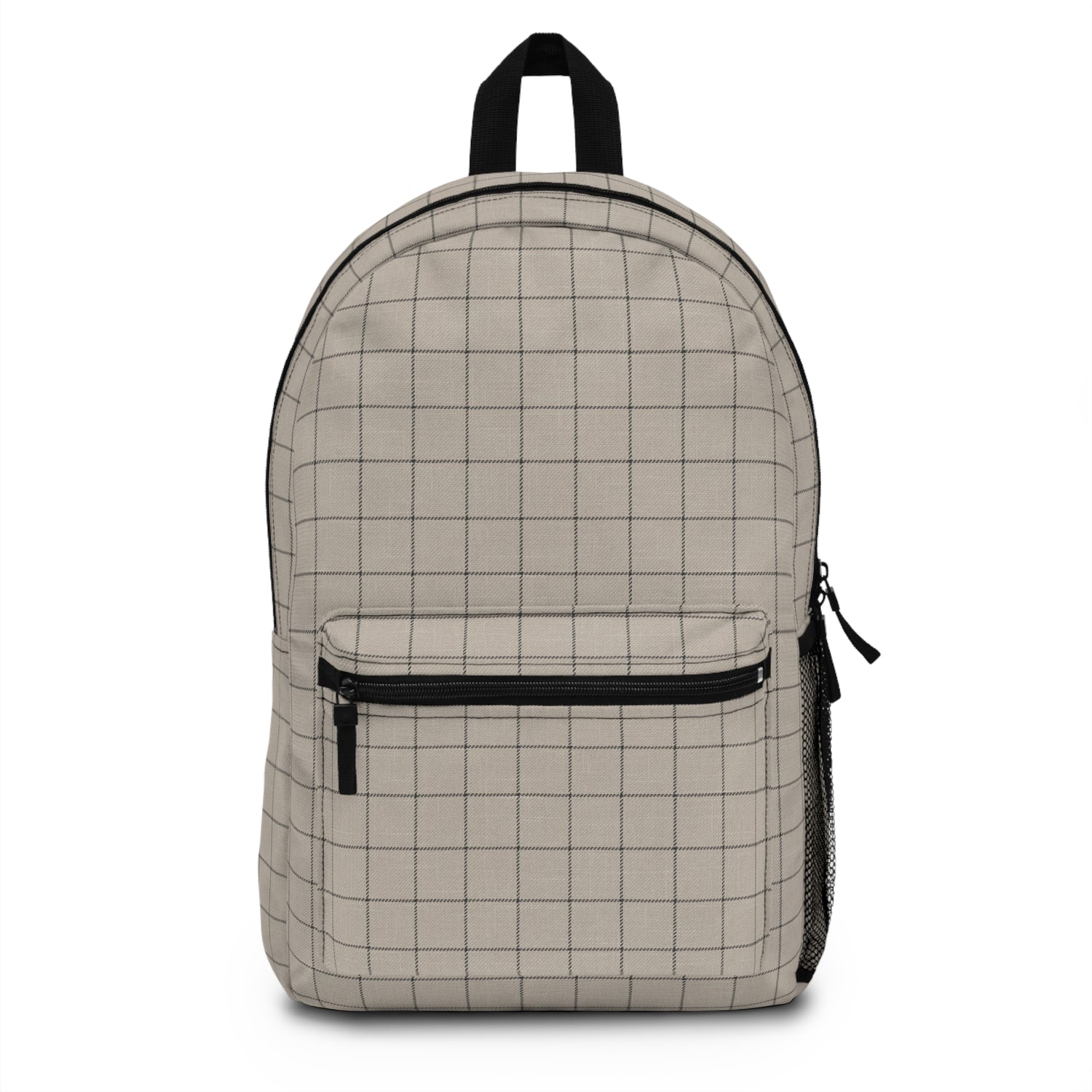 A grid pattern backpack in tan and black with a zipper closure and a padded back.