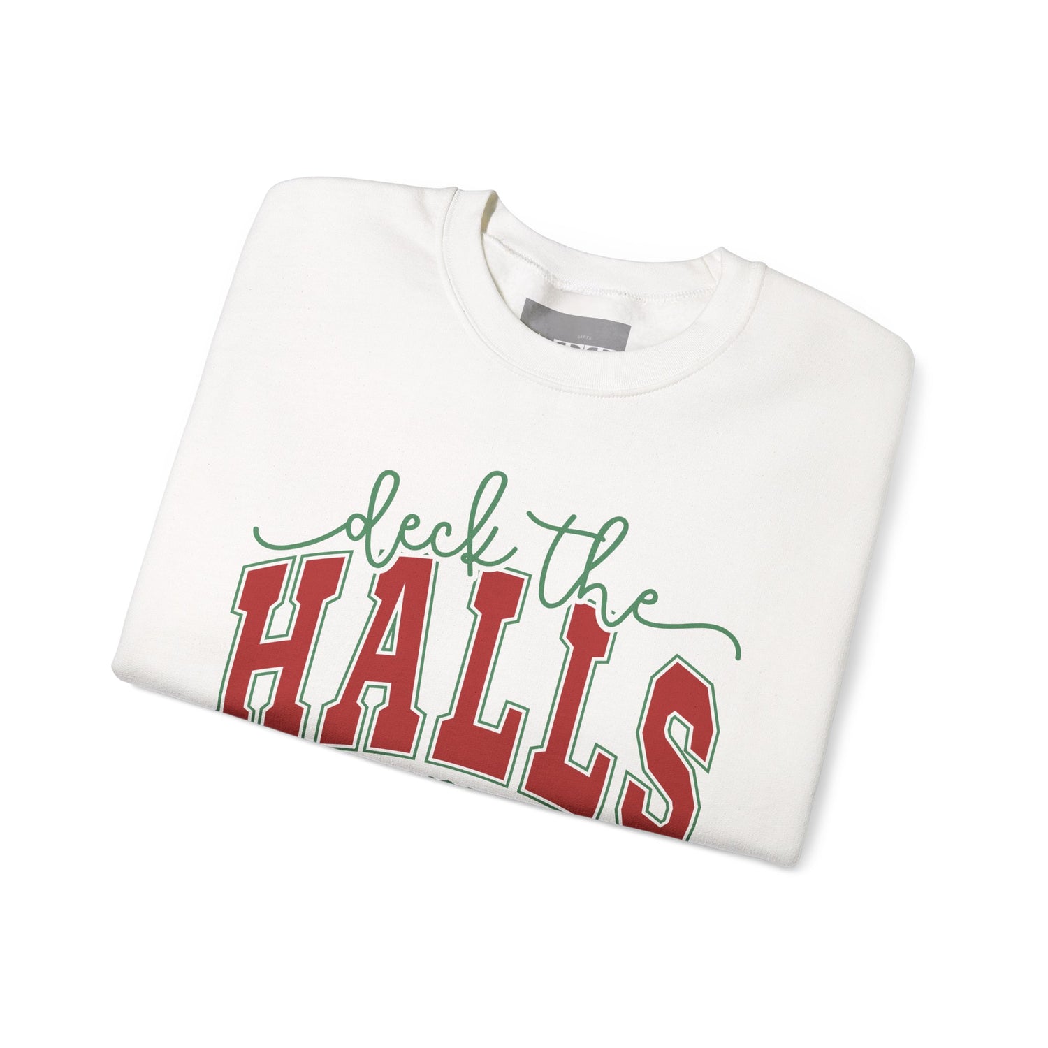 White sweatshirt with 'deck the HALLS' text on a white background