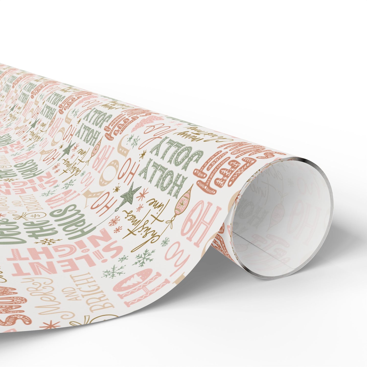 Roll of Christmas-themed wrapping paper on a white background