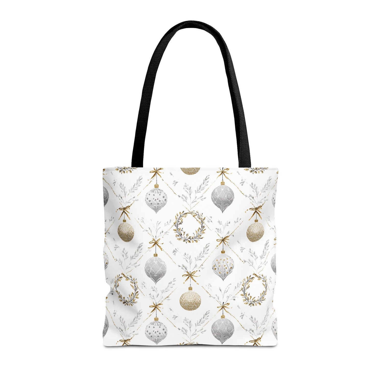 Tote bag with Christmas ornament and wreath pattern on a white background