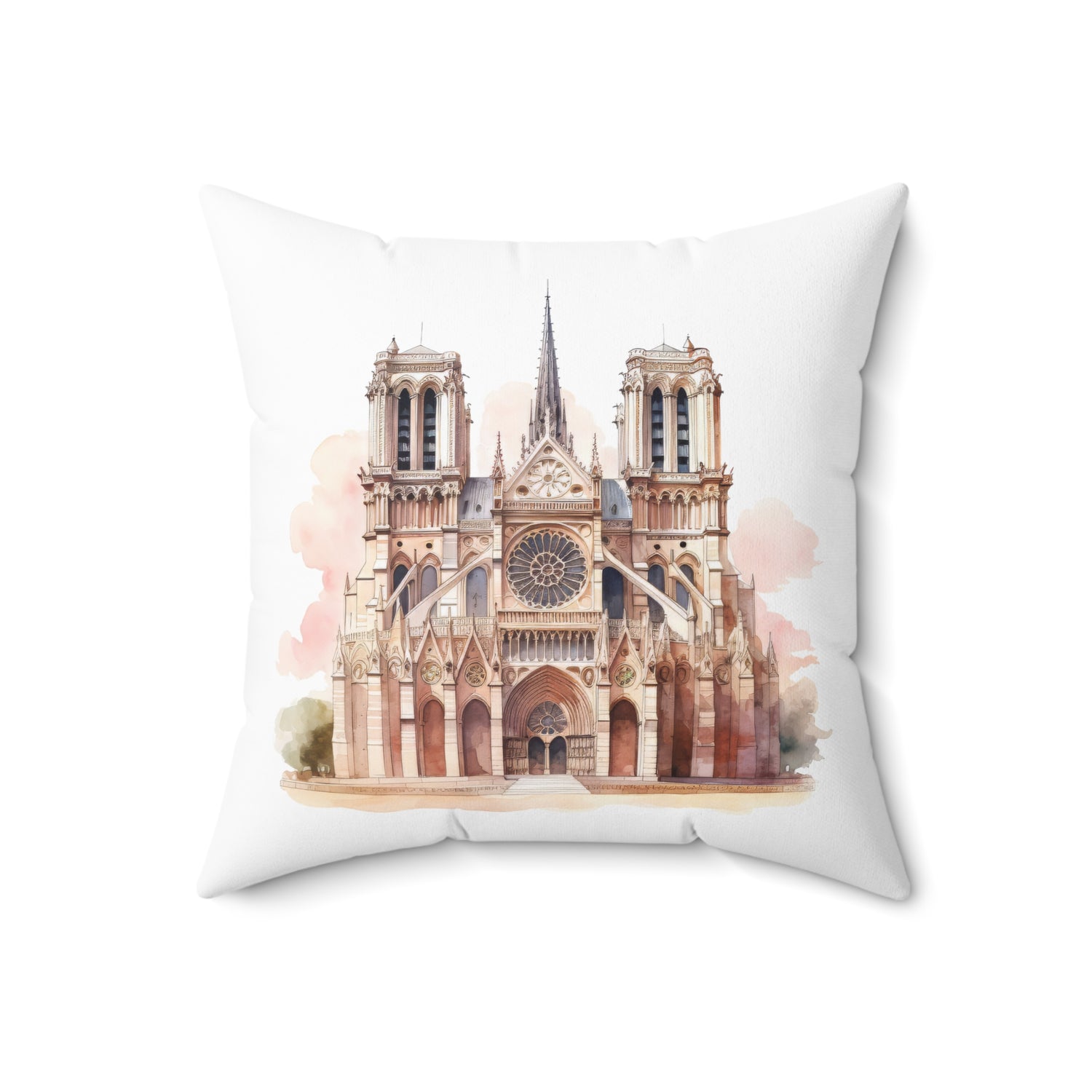 Spun Polyester Square Pillow with Removable Cover Watercolor Pink Paris Scene Luggage
