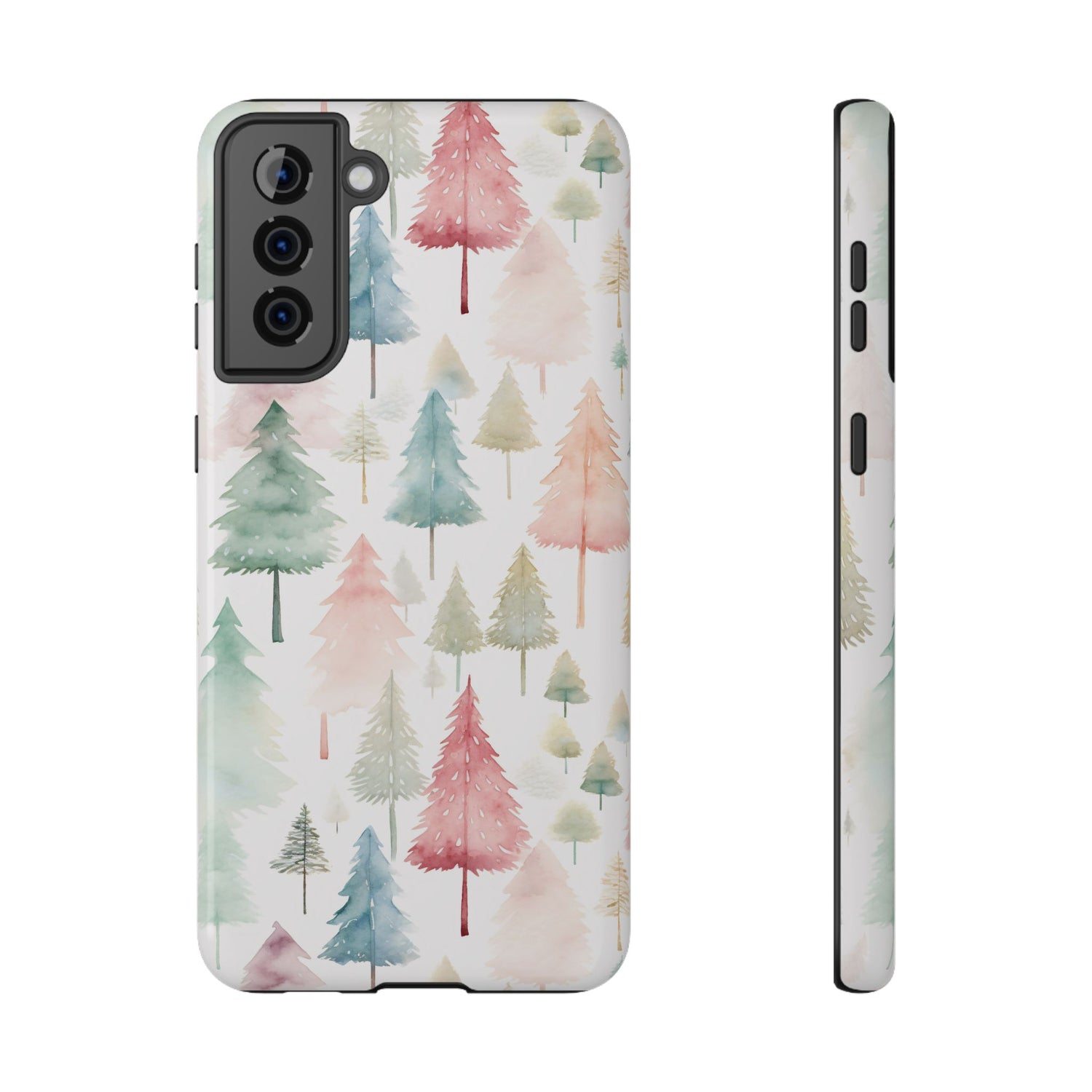 A phone case with a Christmas tree watercolor print, featuring a black plastic border and a wireless charging camera cut-out on the back.