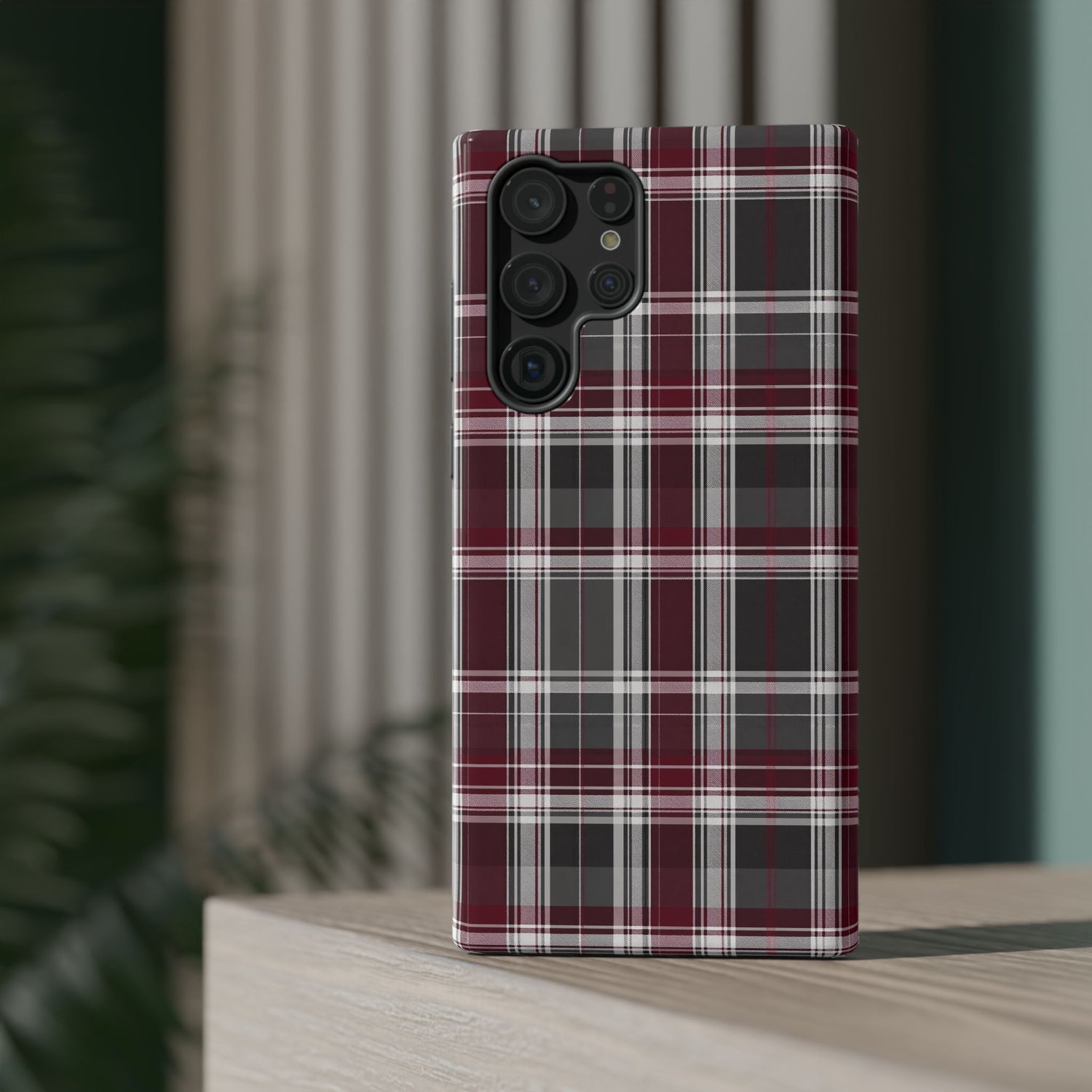 Stylish Plaid Impact-Resistant Phone Cases- Maroon Grey Plaid