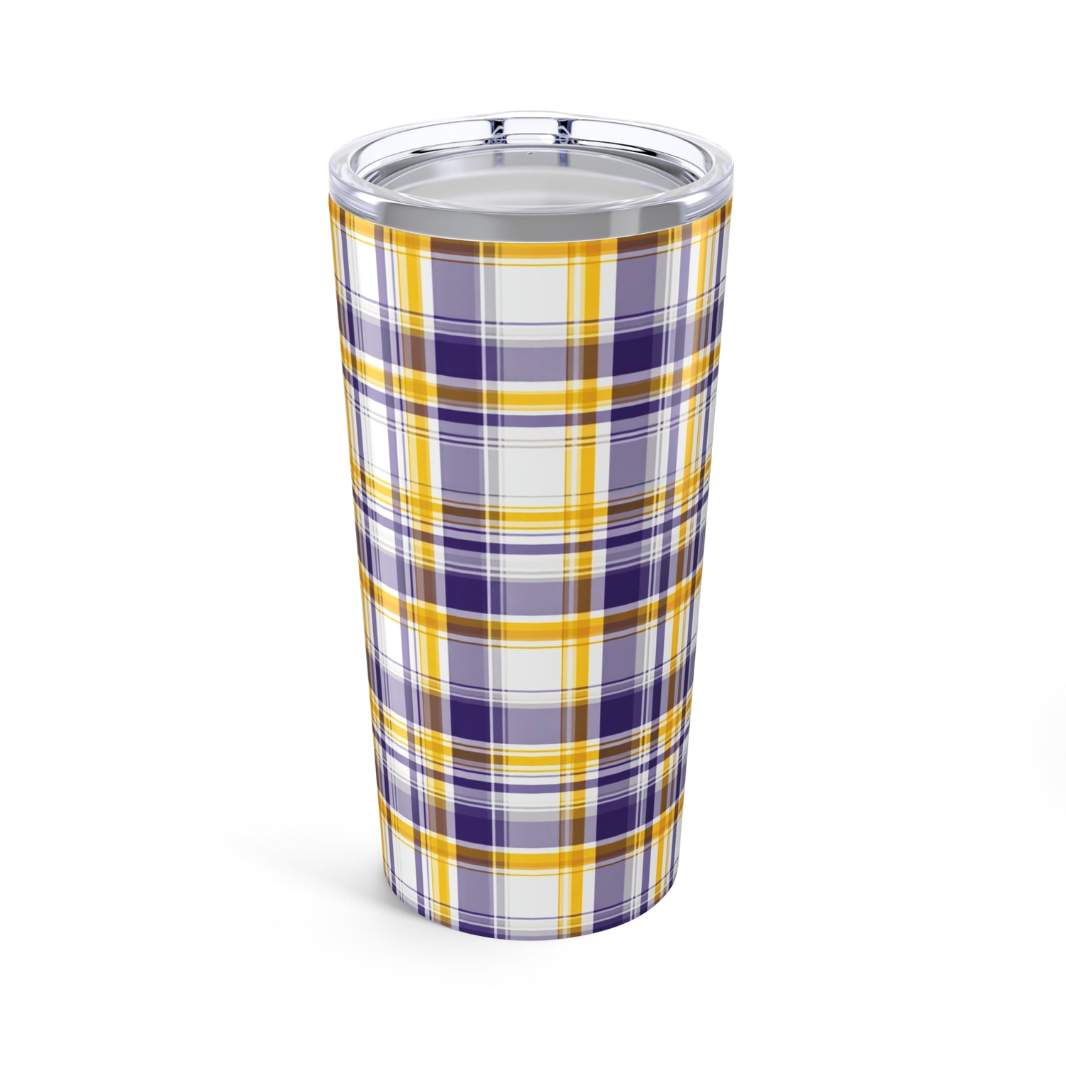 Tumbler with purple and yellow plaid pattern on a white background