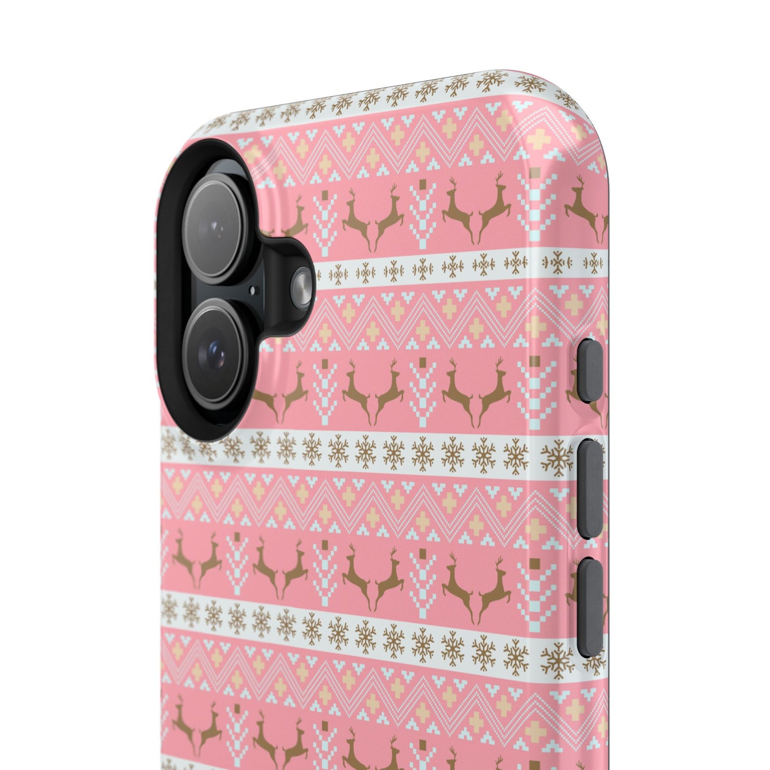 A pink Christmas-themed phone case with a pattern of deer antlers and stars, featuring a black removable TPU inner layer.
