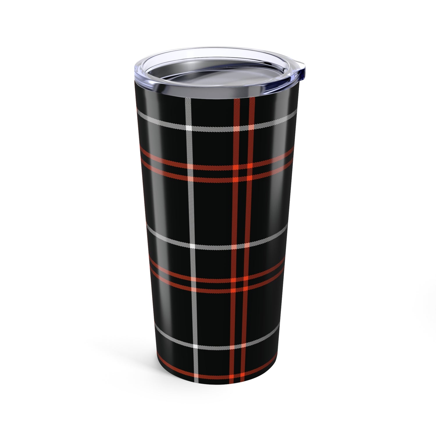 Tumbler with black and red plaid pattern on a white background