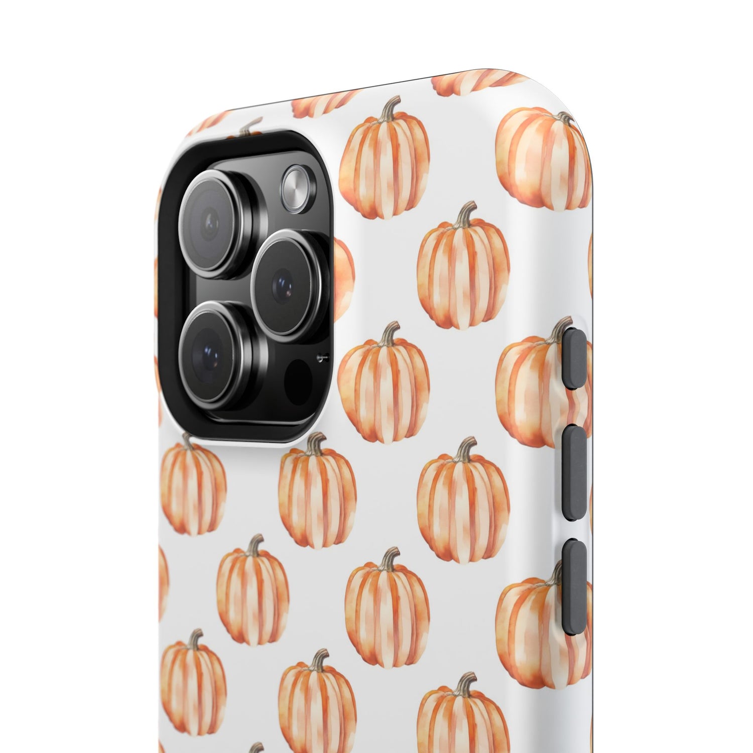 A phone case with a pattern of pumpkins on a white background, featuring a camera cutout and a black border at the top.