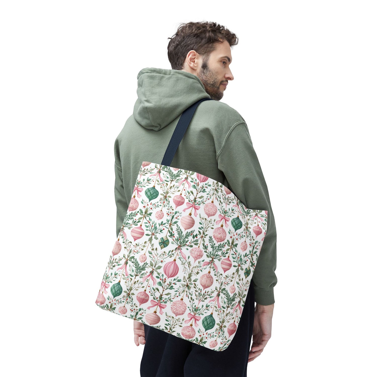 Festive Holiday Tote Bag- Pink Green Ornaments