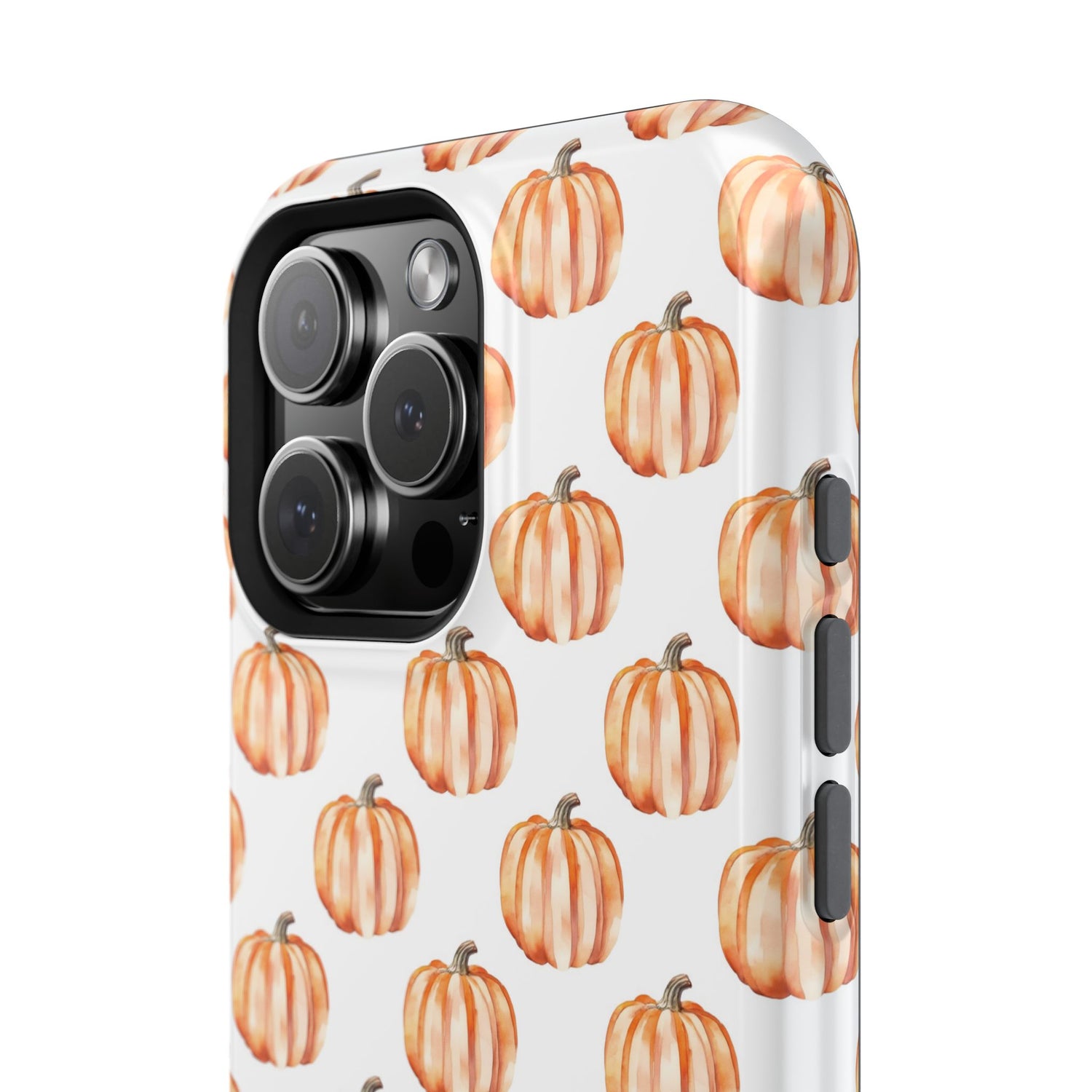 A phone case with a pattern of pumpkins on a white background, featuring a camera cutout and a black border at the top.